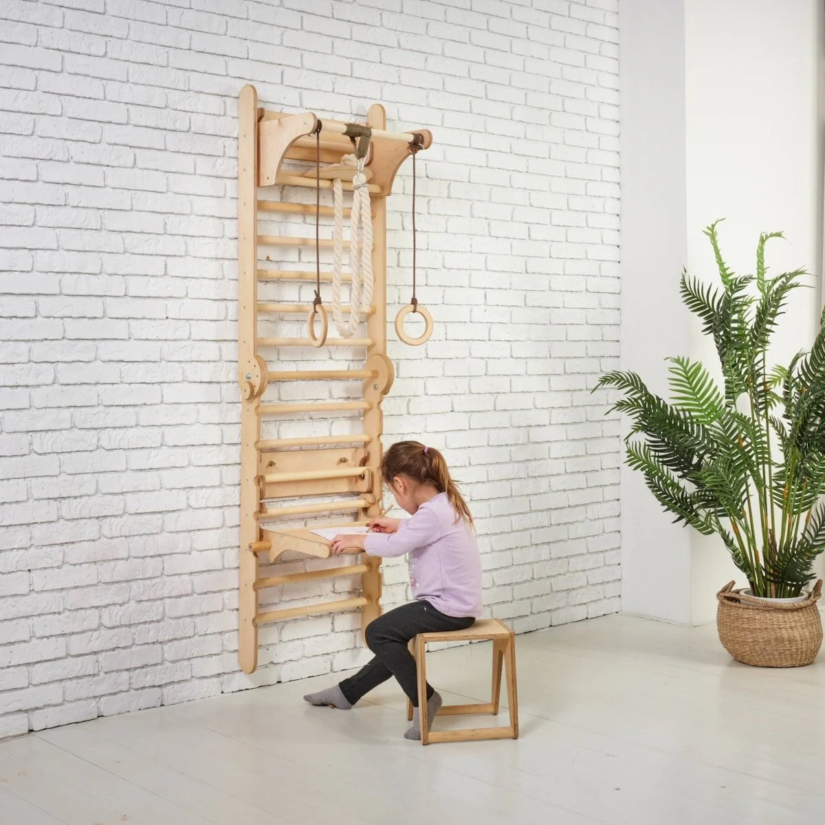 5in1: Wooden Swedish Wall / Climbing ladder for Children + Swing Set + Slide Board + Art Add-on by Goodevas - Image 9