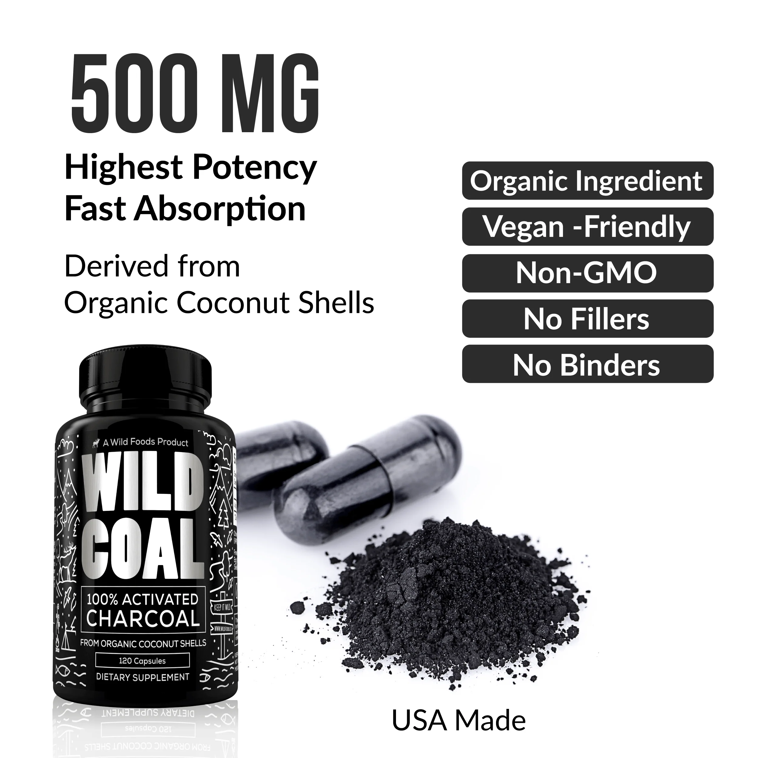 Activated Charcoal Capsules made from 100% Organic Coconuts, 120ct by Wild Foods - Image 5