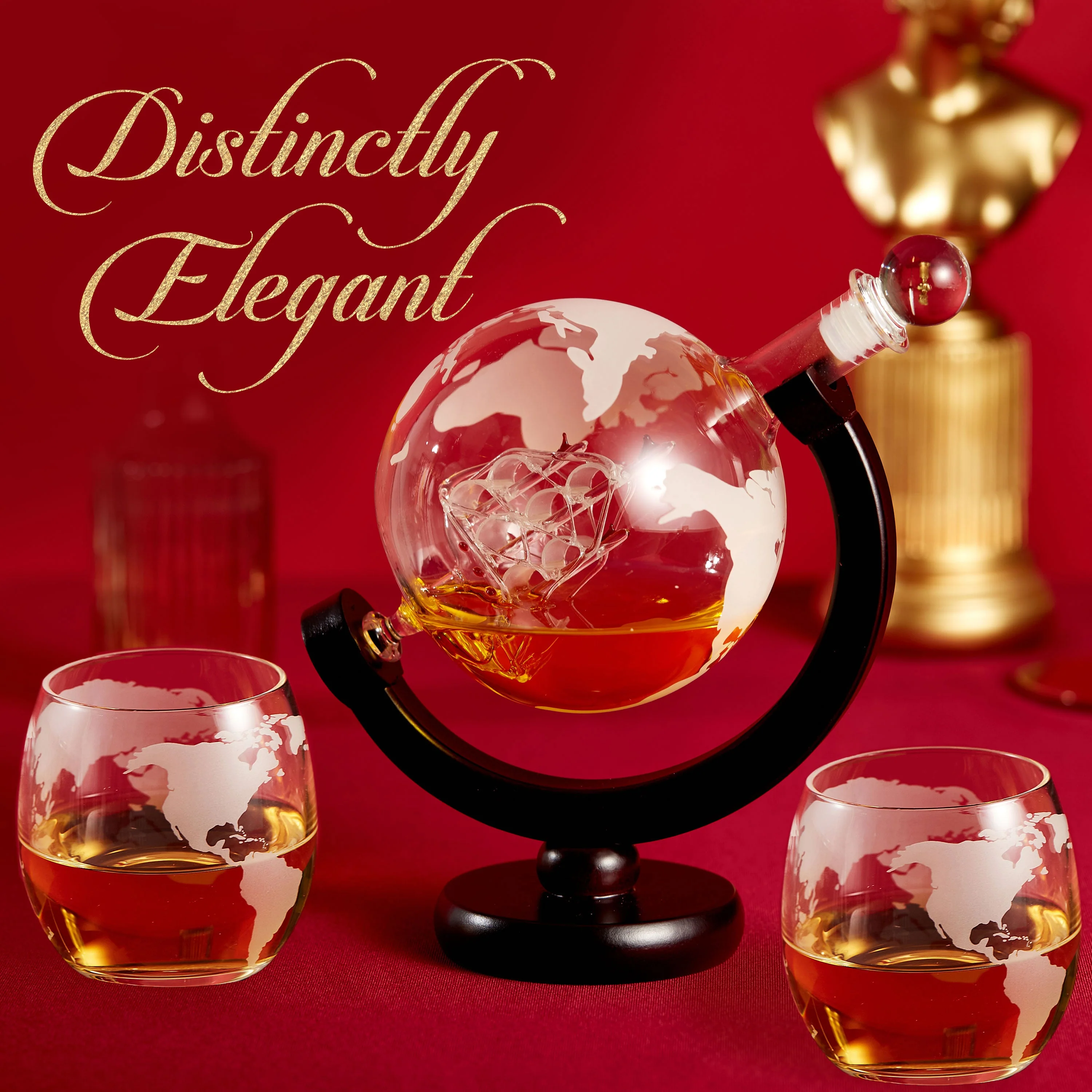 Berkware Globe Etched Whiskey Decanter With Interior Hand-Crafted Glass Ship and 2 Cups Set with Wood Base - Image 4