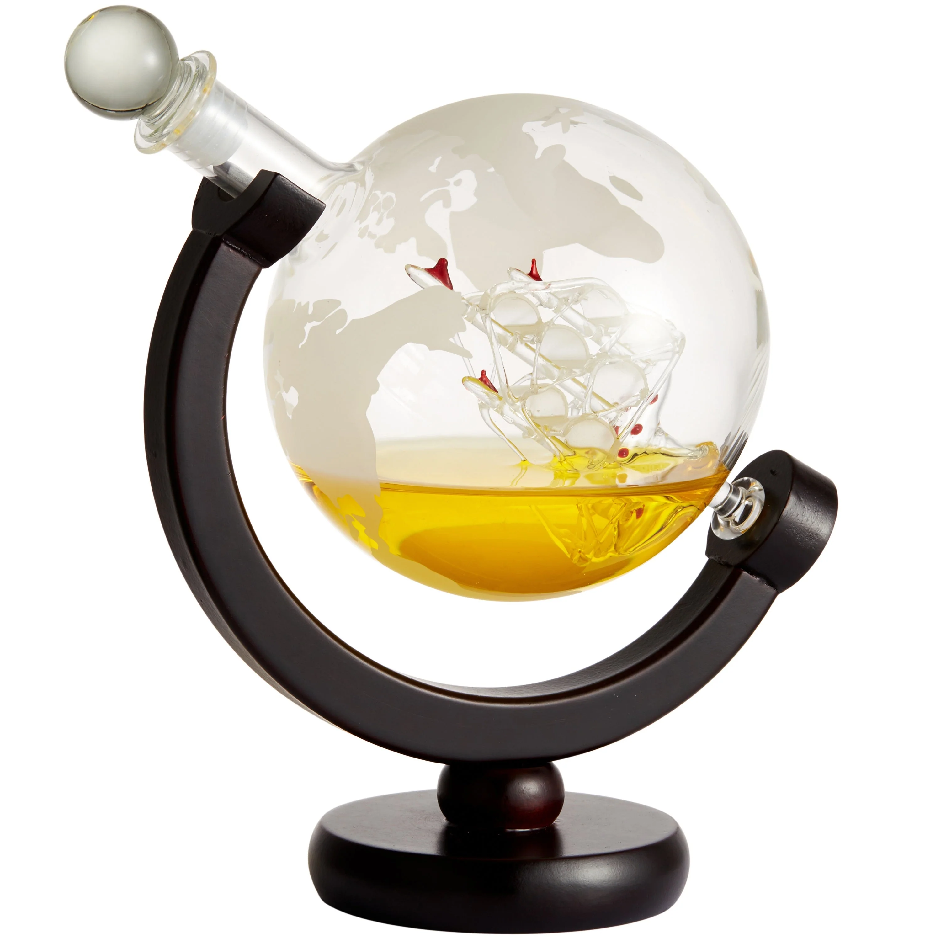 Berkware Globe Etched Whiskey Decanter With Interior Hand-Crafted Glass Ship and 2 Cups Set with Wood Base - Image 5