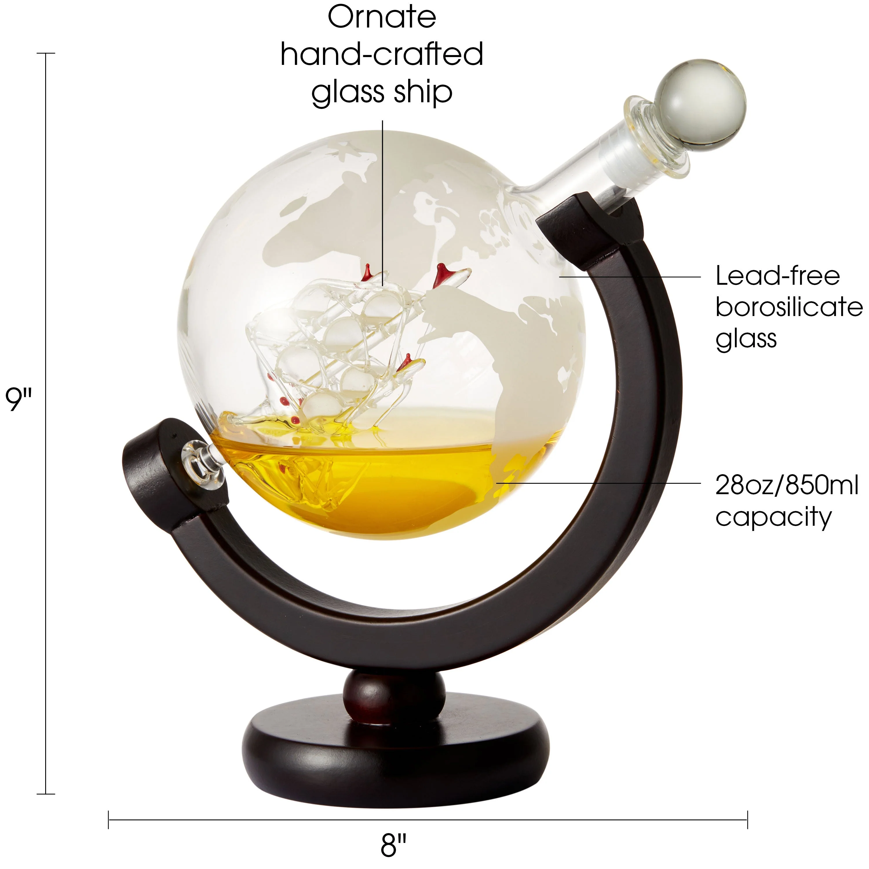 Berkware Globe Etched Whiskey Decanter With Interior Hand-Crafted Glass Ship and 2 Cups Set with Wood Base - Image 7