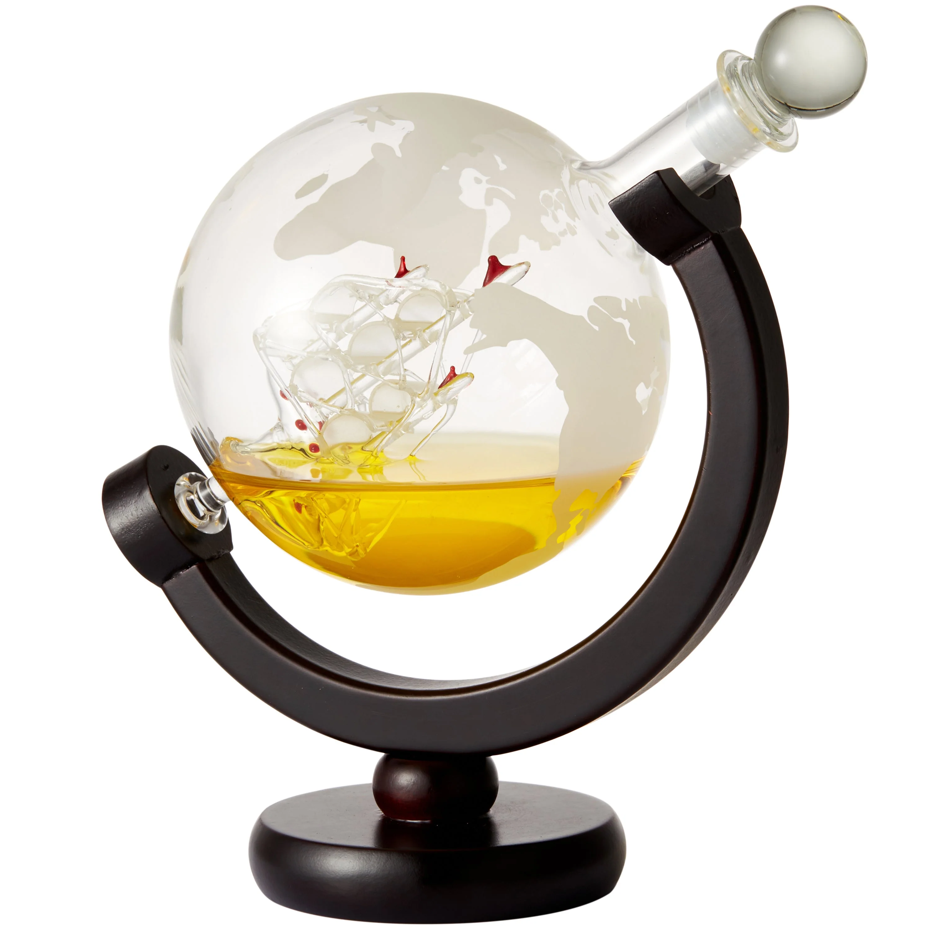 Berkware Globe Etched Whiskey Decanter With Interior Hand-Crafted Glass Ship - Liquor Decanter for Scotch, Vodka, Gin, Rum, Rye, Tequila, Cognac, Bourbon