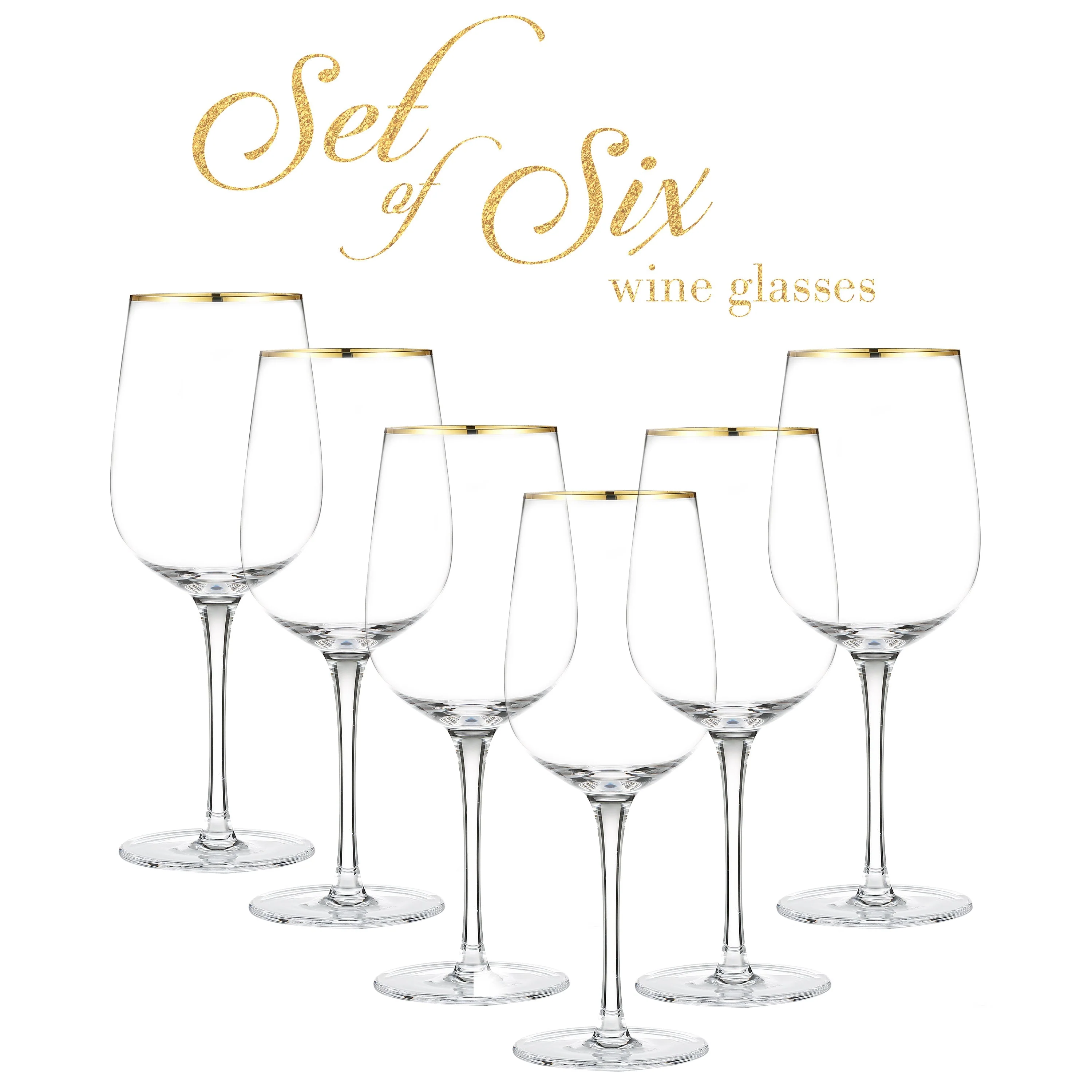 Berkware Luxurious and Elegant Long Stem Red Wine Glass with Gold tone Rim -  Set of 6 - Image 2