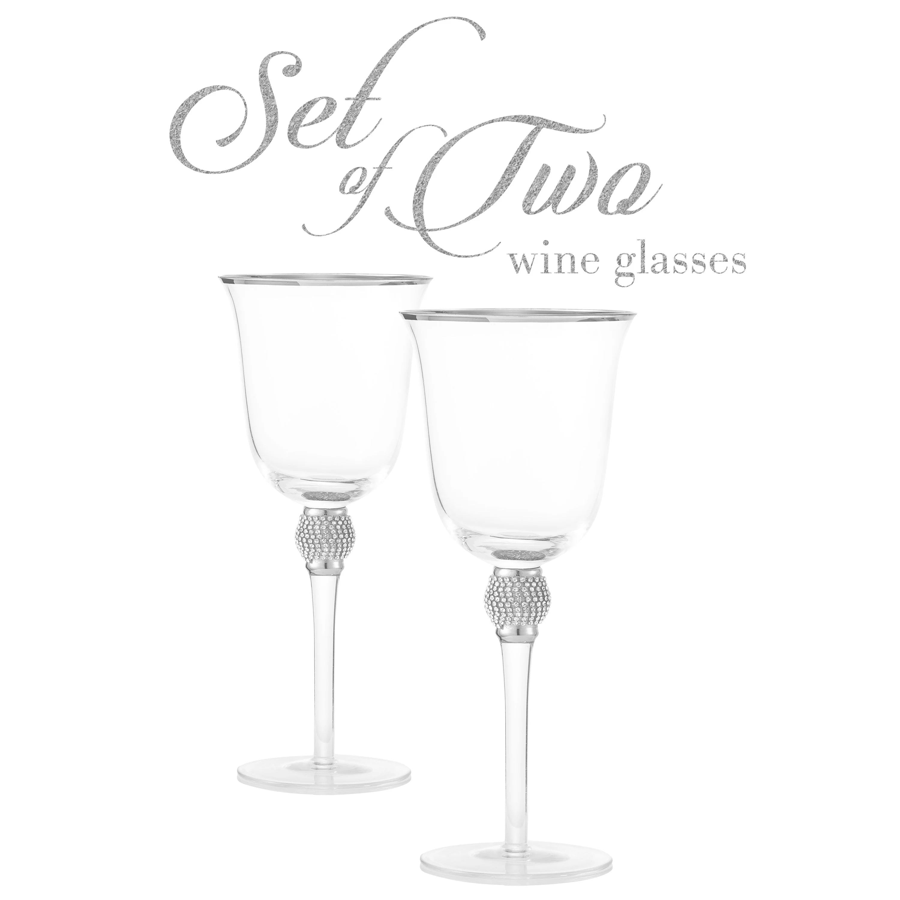 Berkware Set of 2 Rhodium Silver Wine Glasses - Luxurious Rosé and White Wine Glass with Dazzling Rhinestone Design and Silver Rim