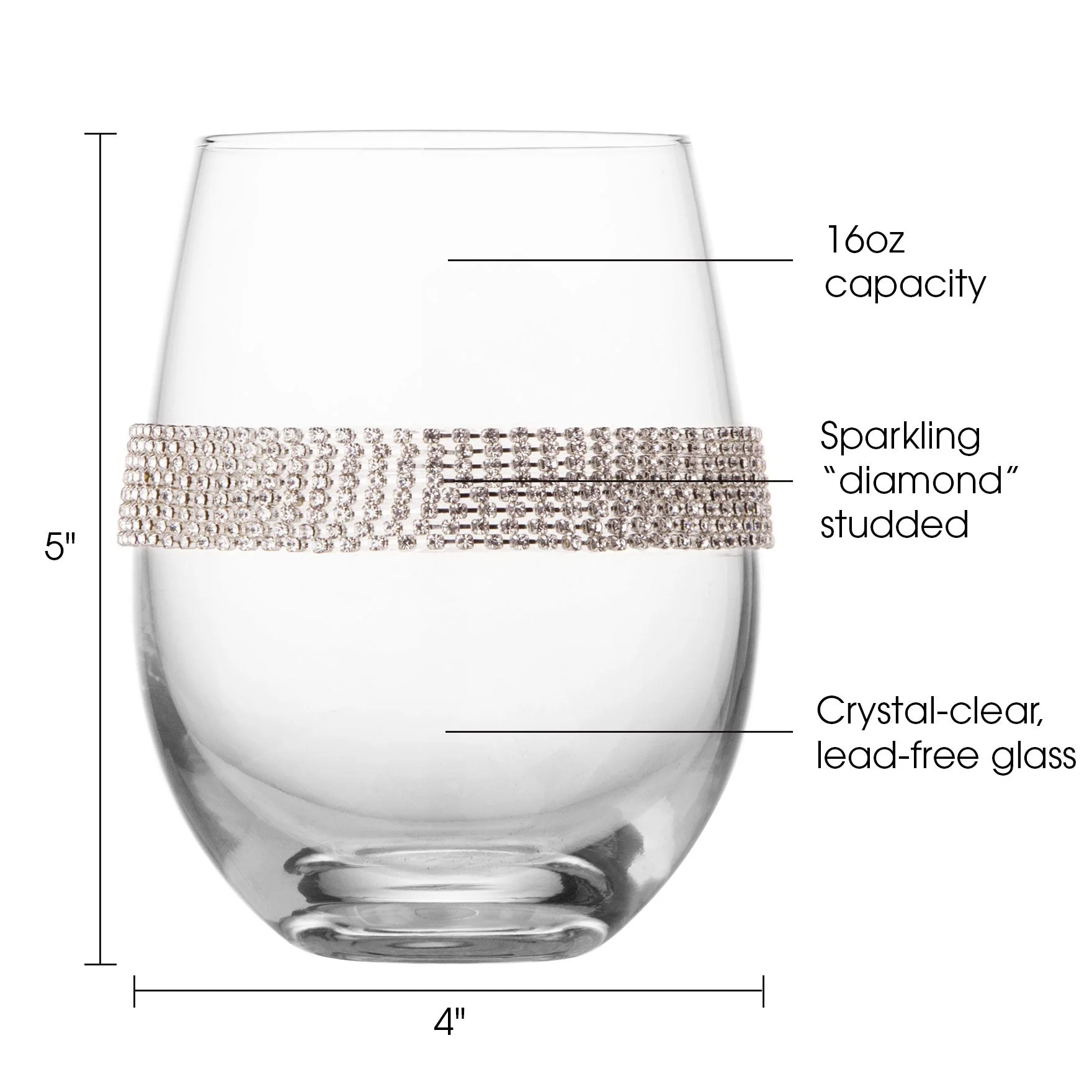 Berkware Set of 2 Stemless Wine Glasses - Luxury Wine Tumblers - Elegant Rhinestone Embellishments - 16oz, 5" tall Glassware Set - Two stemless red wine glasses for toasting - Image 6