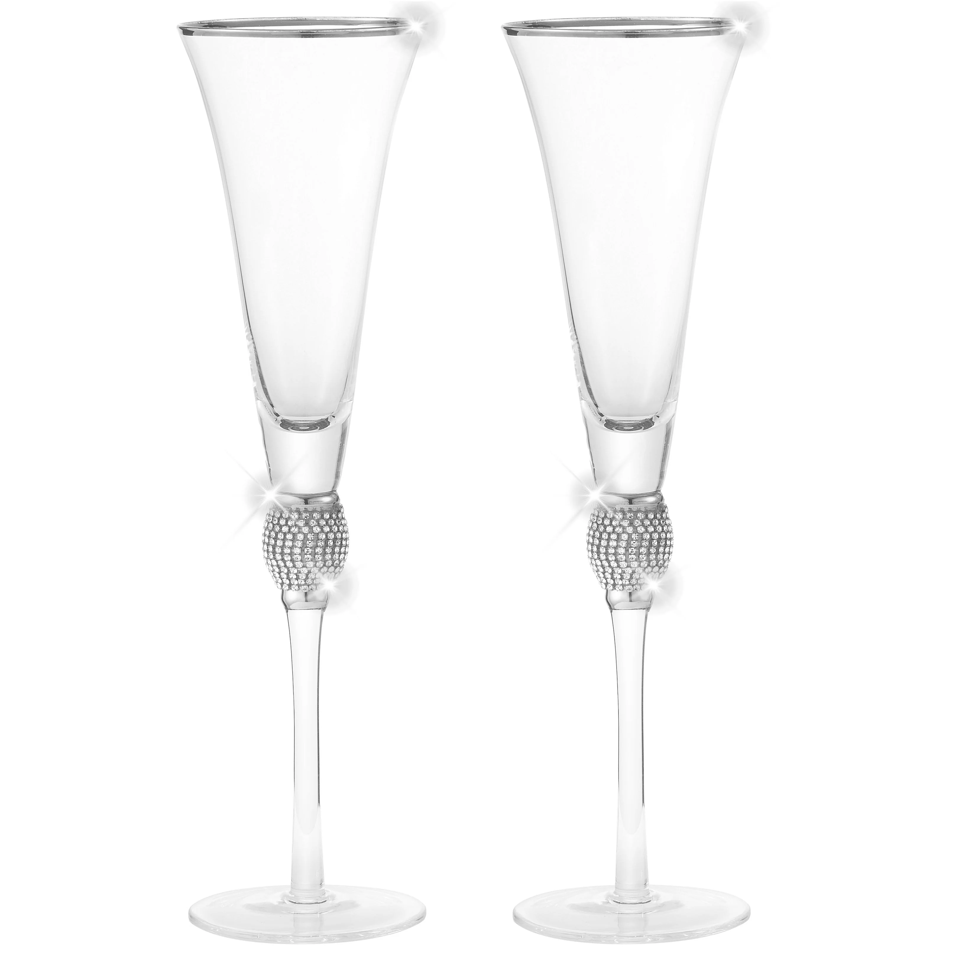 Berkware Set of 2 Trumpet Champagne Glasses - Luxurious Crystal Trumpet Champagne Flutes - Elegant Gold tone Rim & Rhinestone Embellishments - 9oz, 11" tall flutes - Champagne glasses for toasting