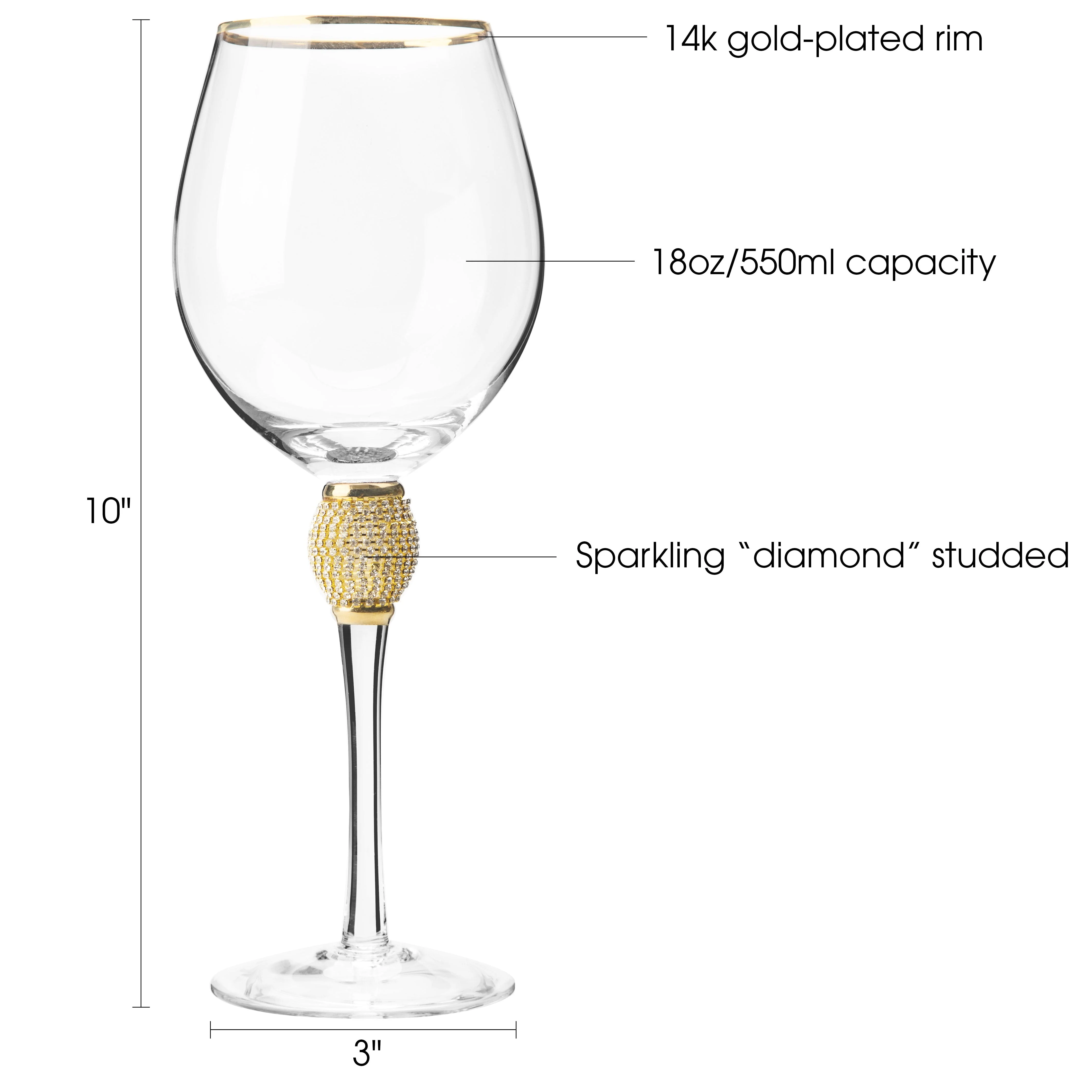 Berkware Set of 2 Wine Glasses - Luxurious and Elegant Sparkling Studded Long Stem Red Wine Glass with Gold tone Rim - Image 6