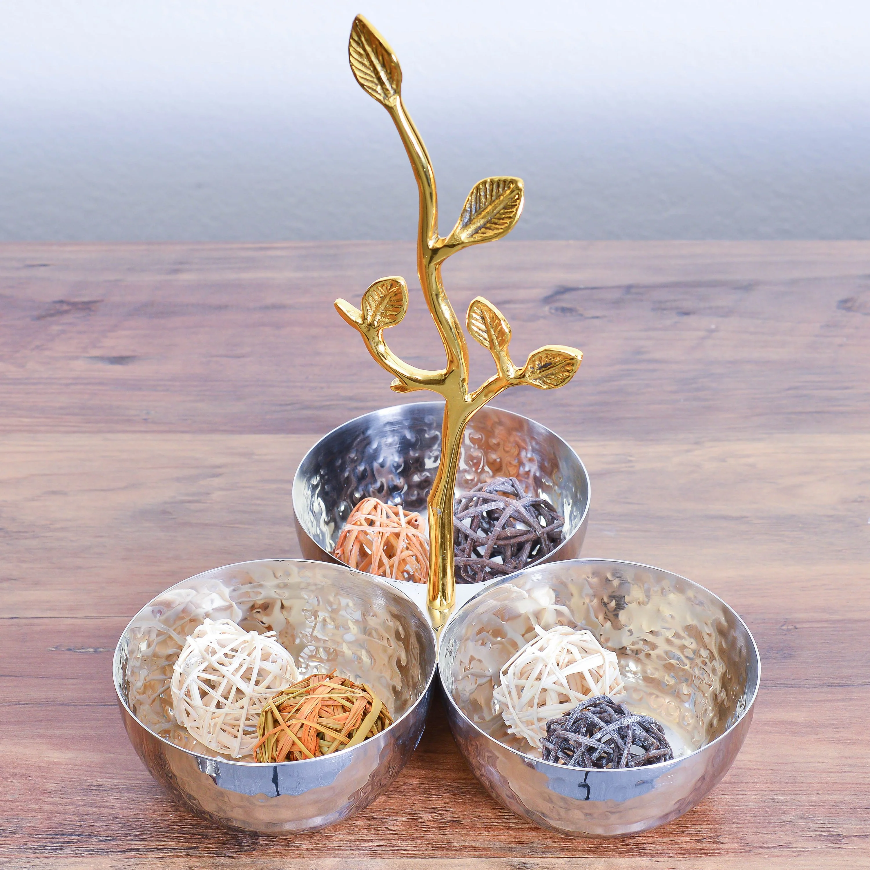 Berkware Shiny Polished Stainless Steel Three Bowl Sectional Serving Bowl with Gold Leaf Handle Diameter Nut Platter, Fruit Bowl, Candy Dish and Centerpiece Bowl (3 Sections)