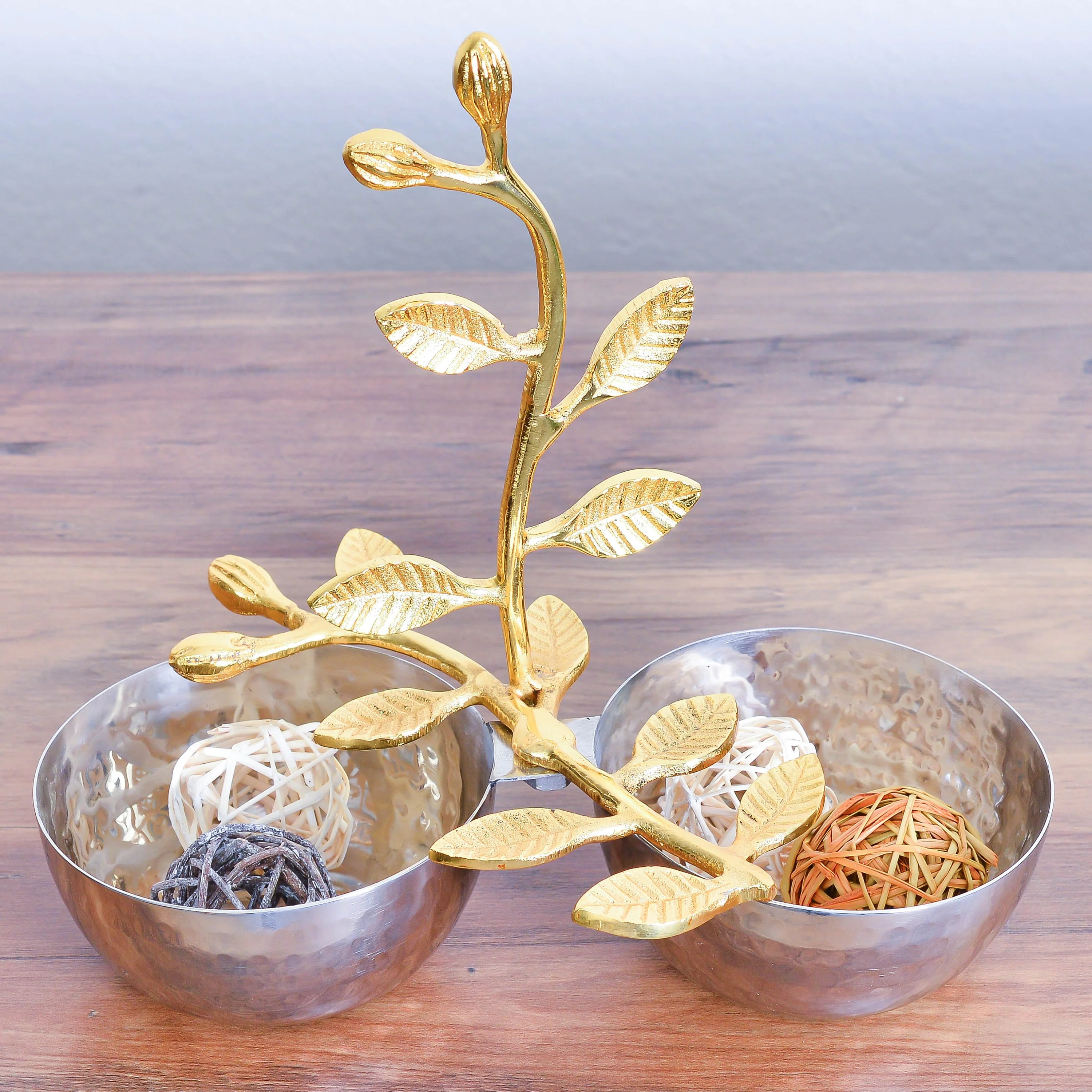 Berkware Shiny Polished Stainless Steel Two Bowl Sectional Serving Bowl with Gold Leaf Handle - 4" Diameter Nut Platter, Fruit Bowl, Candy Dish and Centerpiece Bowl (2 Sections)