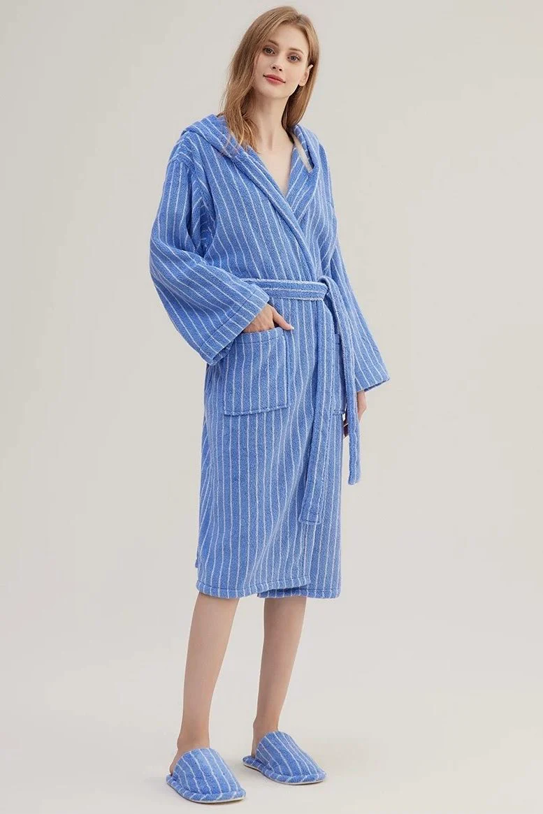 Blue Retro Hooded Stripe Bath Robe, 100% ORGANIC Long-stapled Cotton - Image 2