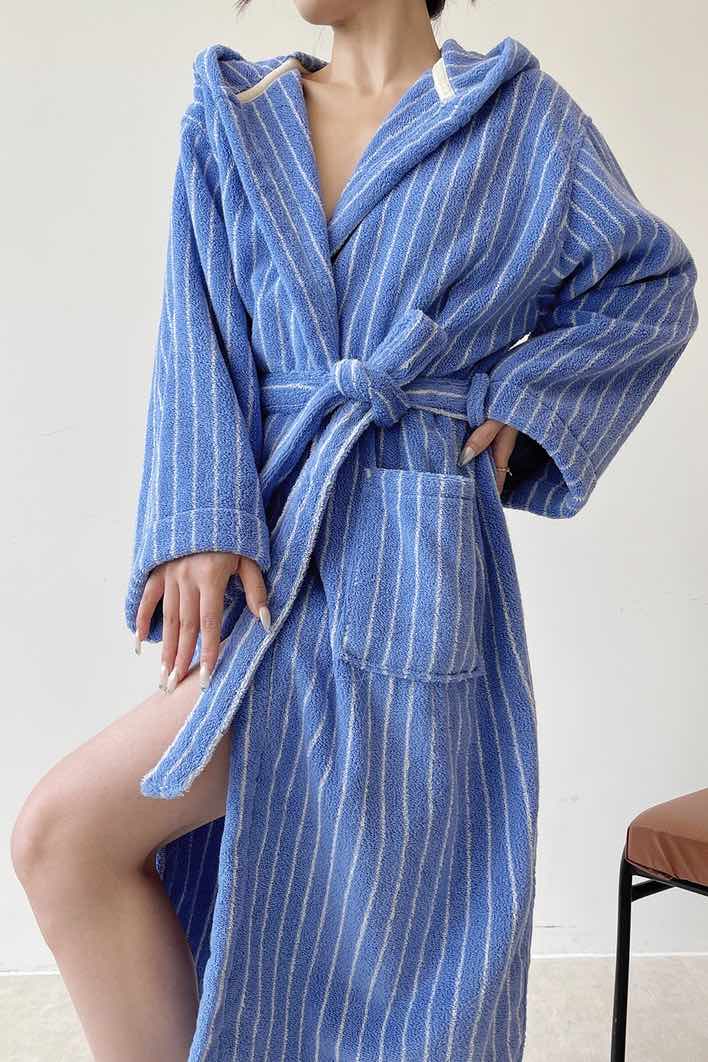 Blue Retro Hooded Stripe Bath Robe, 100% ORGANIC Long-stapled Cotton - Image 4