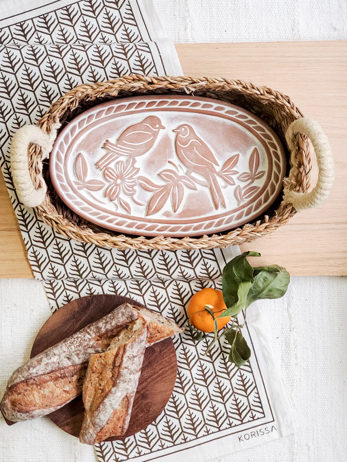 Bread Warmer & Basket Gift Set with Tea Towel - Lovebird Oval - Image 3