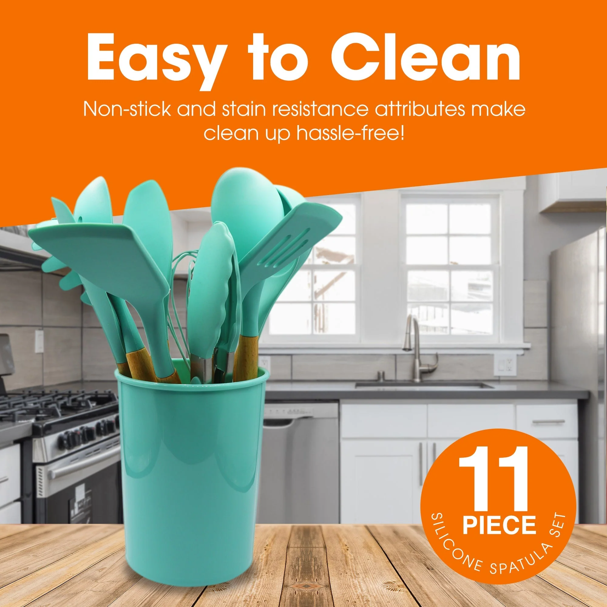 Cheer Collection 12 Piece Silicone Spatula Set with Wooden Handles - Non-Stick Silicone Utensils for Cooking, Aqua - Image 4