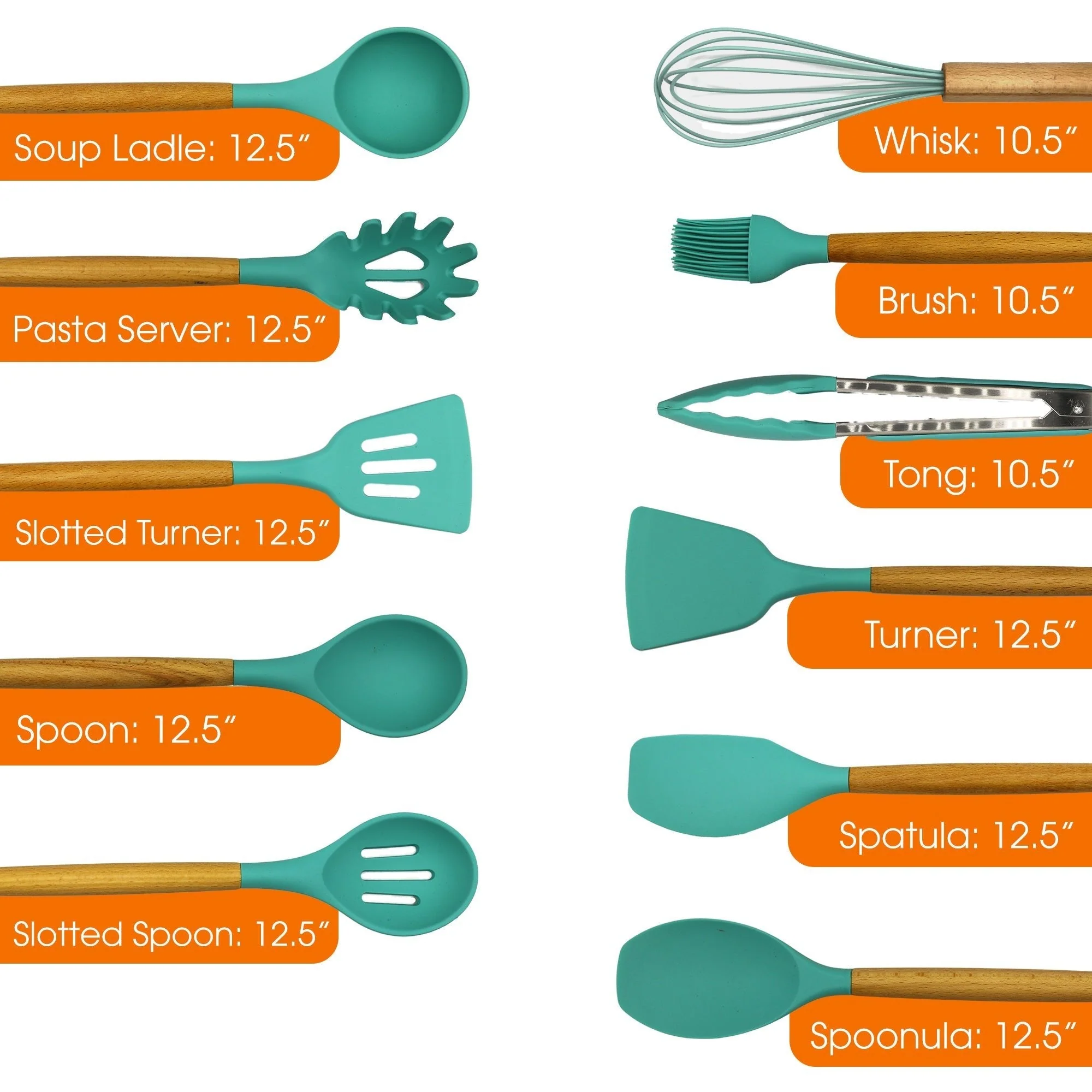 Cheer Collection 12 Piece Silicone Spatula Set with Wooden Handles - Non-Stick Silicone Utensils for Cooking, Aqua - Image 6