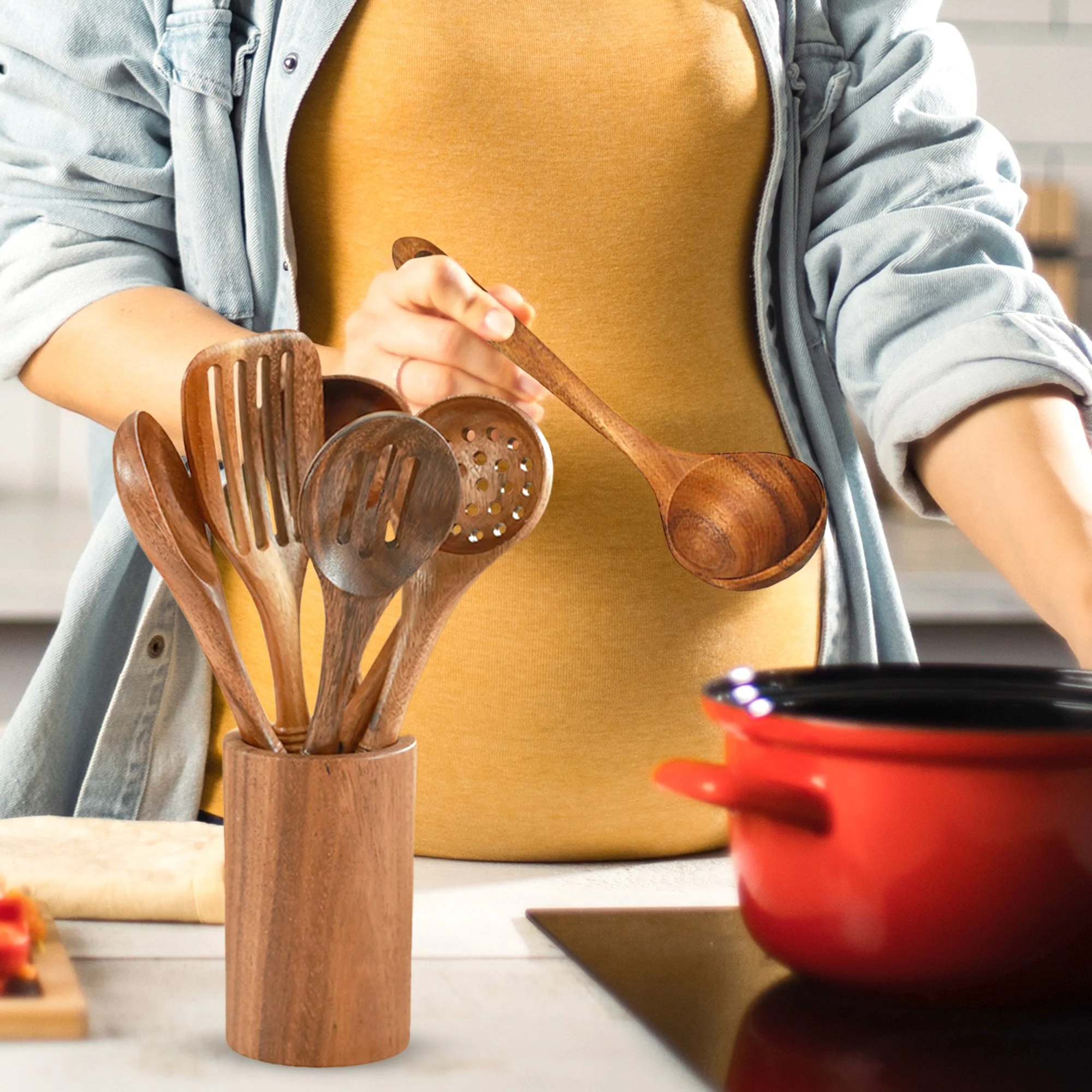 Cheer Collection 9 Piece Deluxe Wooden Utensils Set with Holder and Spoon Rest - Image 5