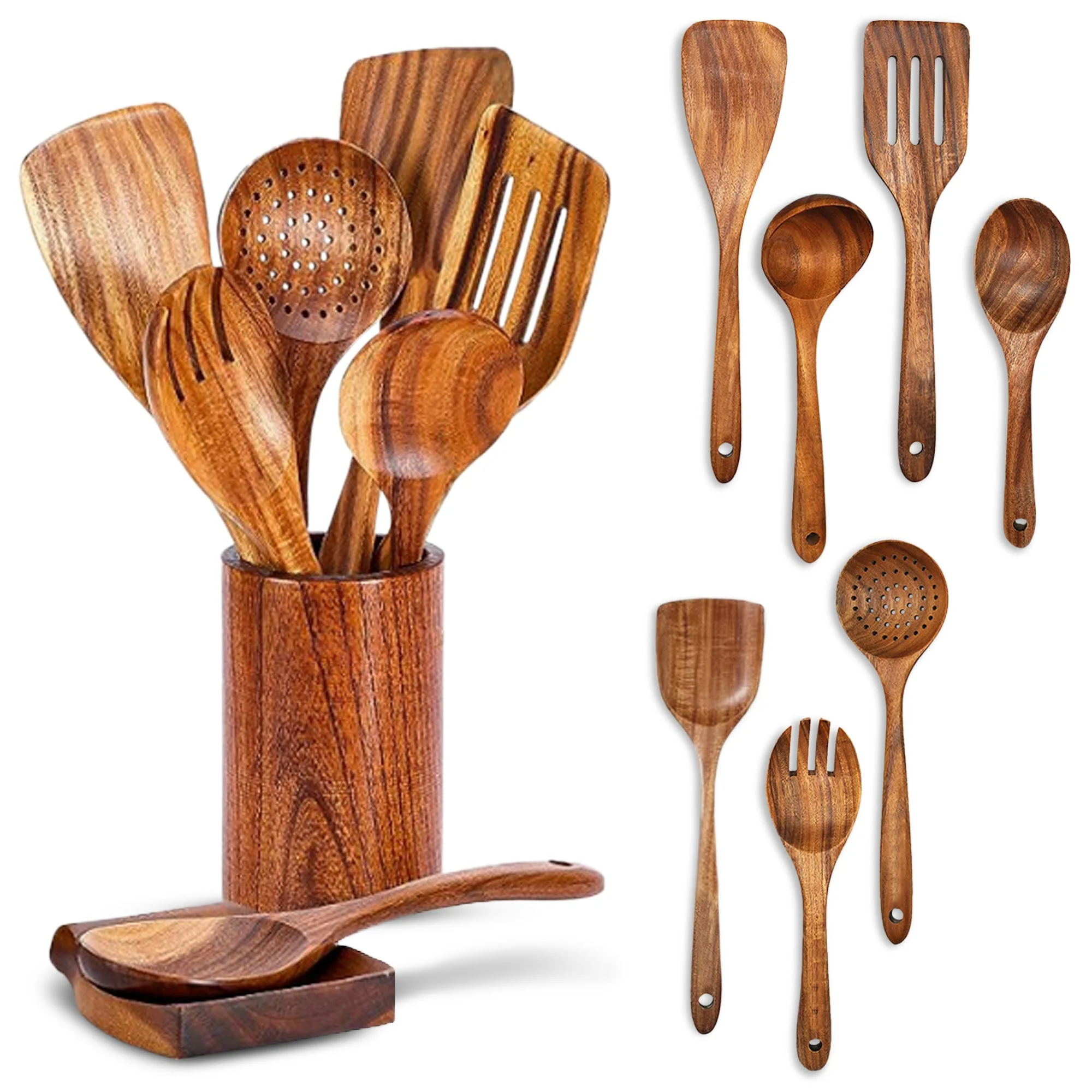 Cheer Collection 9 Piece Deluxe Wooden Utensils Set with Holder and Spoon Rest - Image 9