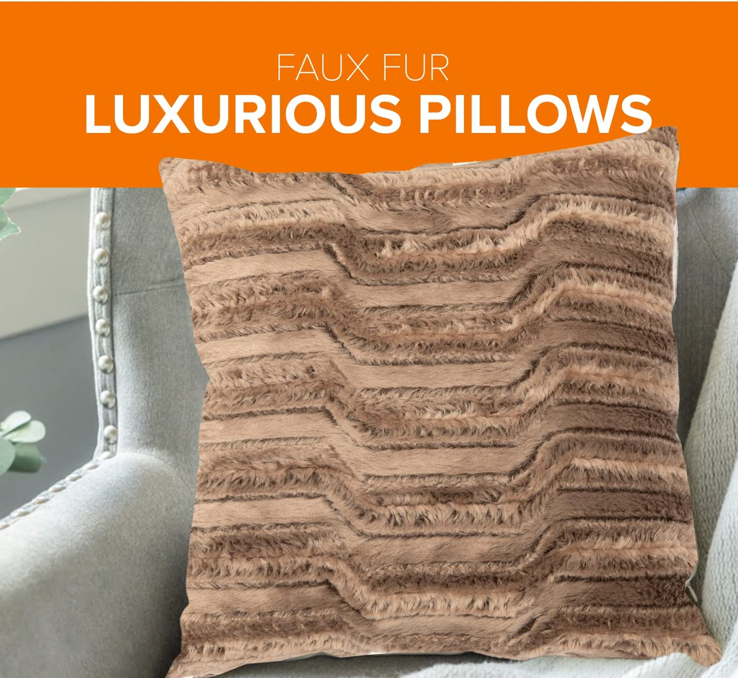 Cheer Collection Decorative Faux Fur Throw Pillow with Inserts – Luxuriously Soft Bamboo Design Accent Pillows – 18” x 18” - Set of 2 - Image 5