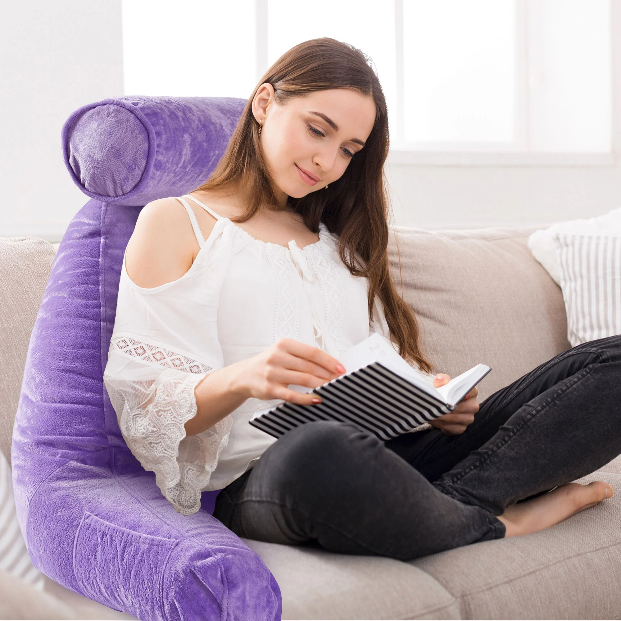 Cheer Collection Extra Large Hollow Fiber TV Pillow and Reading with Bolster & Backrest - Image 40