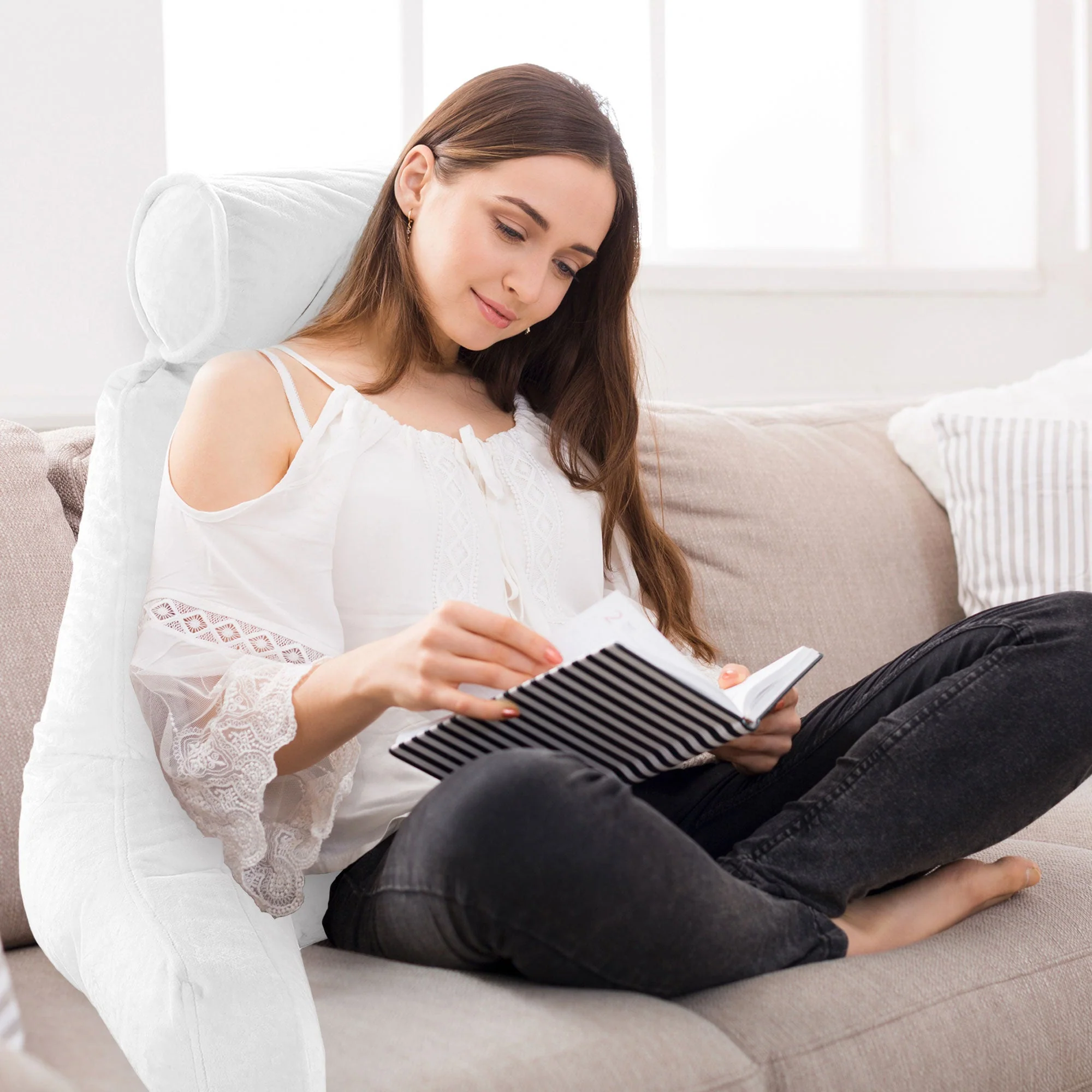 Cheer Collection Extra Large Hollow Fiber TV Pillow and Reading with Bolster & Backrest - Image 58
