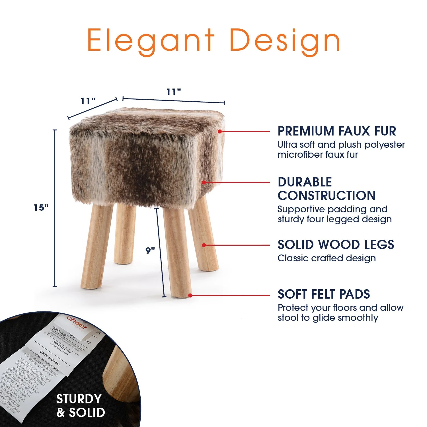 Cheer Collection Faux Fur Wood Leg Stool Brown - Square & Round - Image 3