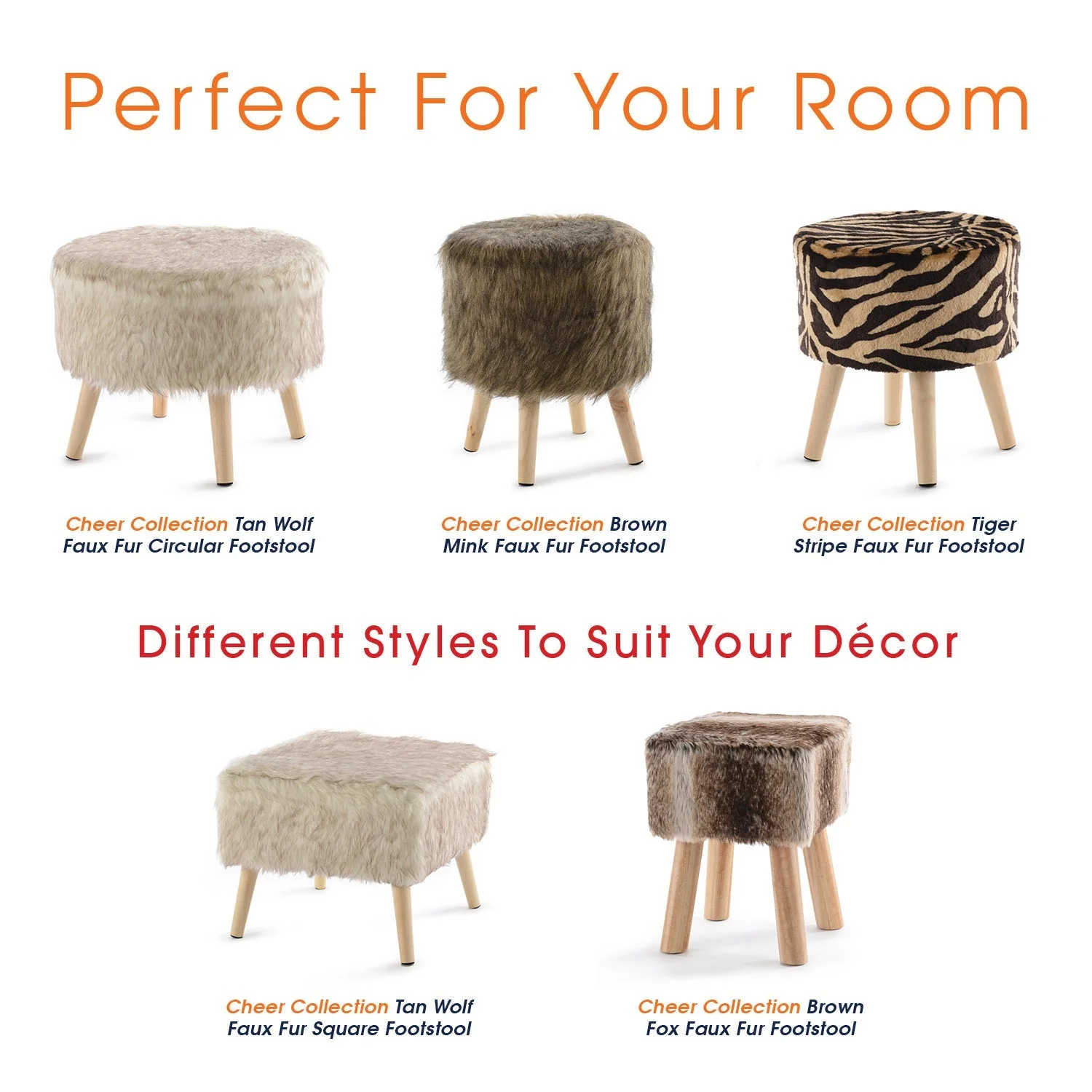 Cheer Collection Faux Fur Wood Leg Stool Brown - Square & Round - Image 4