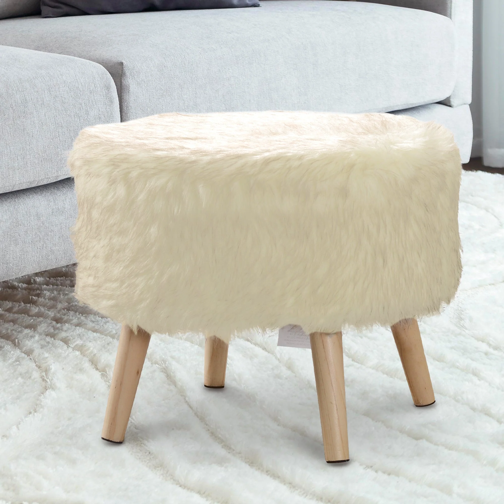 Cheer Collection Faux Fur Wood Leg Stool, White - Image 2