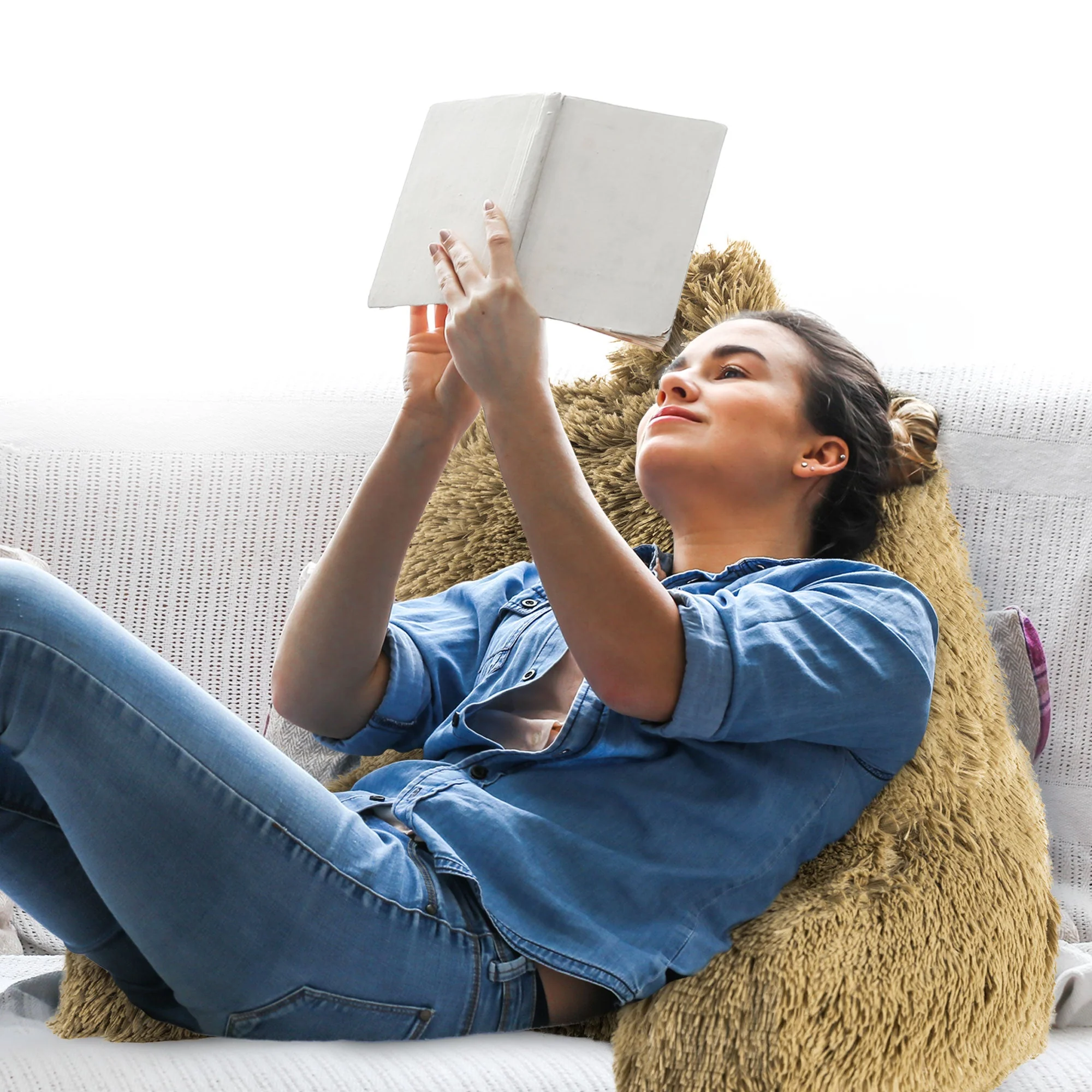 Cheer Collection Fluffy Reading Pillow - Long Shaggy Hair TV and Gaming Pillow with Armrest - Image 23