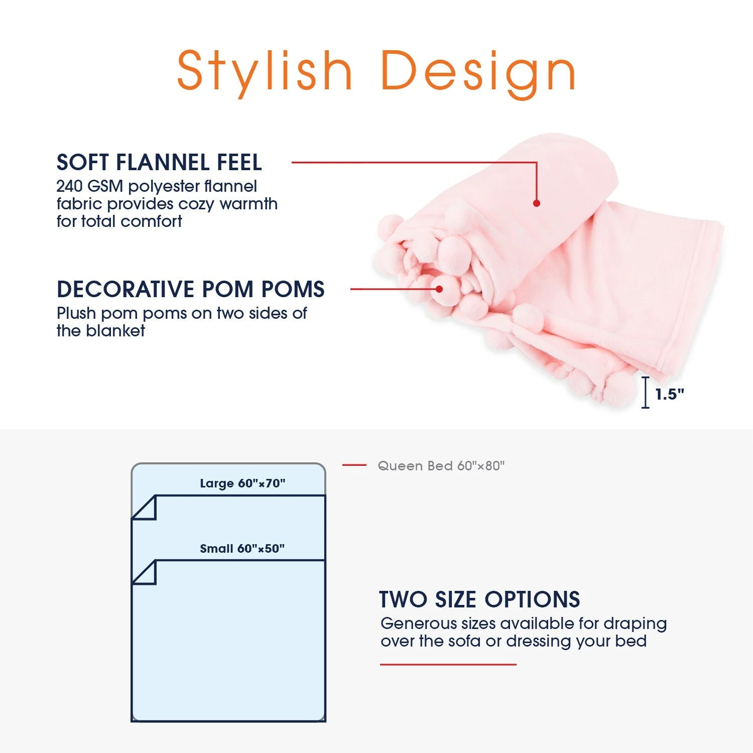 Cheer Collection Pom Pom Flannel Blanket | Ultra Soft on Skin, Lightweight Bed or Couch Throw Blanket with Pompoms - Image 16