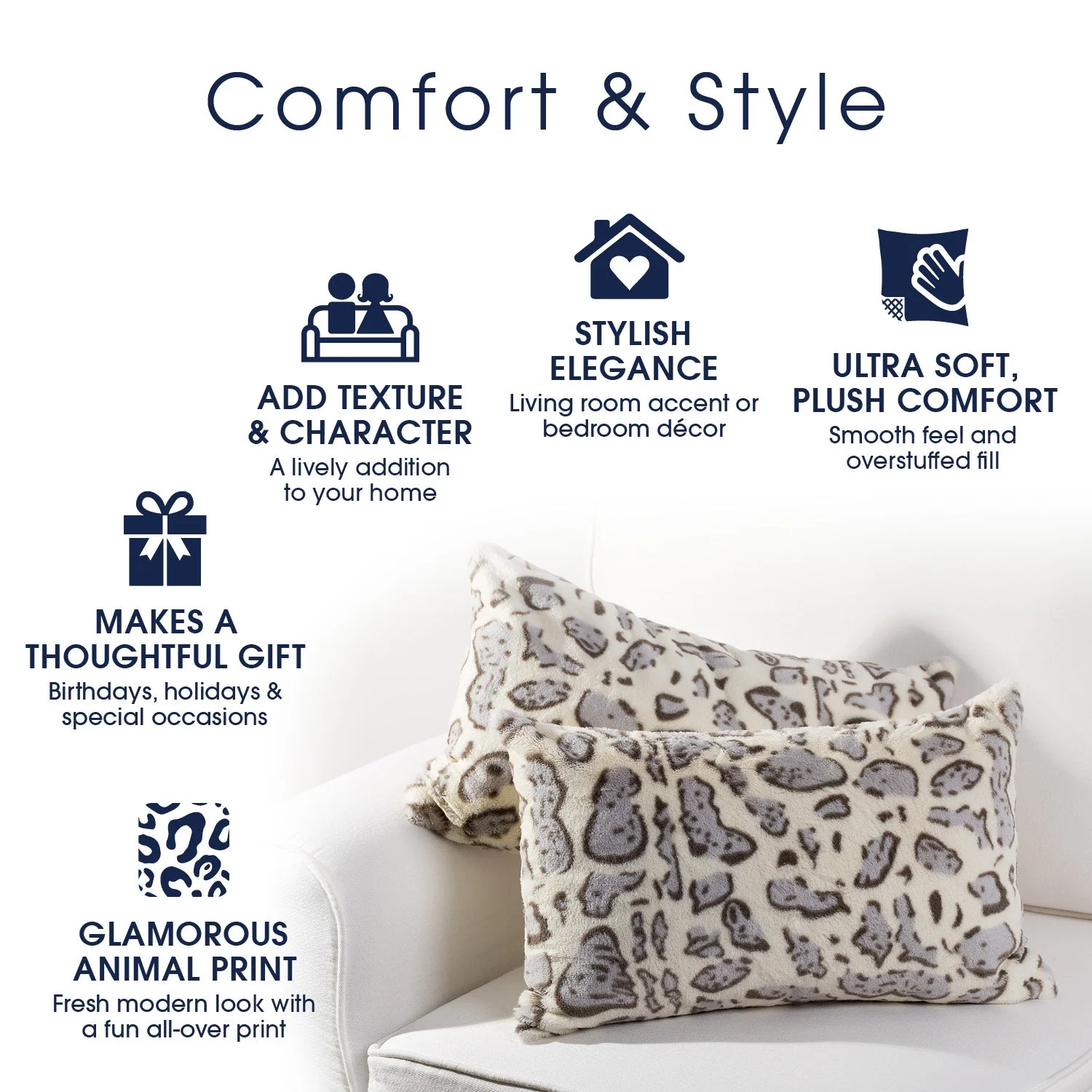 Cheer Collection Set of 2 Snow Leopard Print Throw Pillows - Soft Velvety Faux Fur Decorative Lumbar Couch Pillows - Image 3