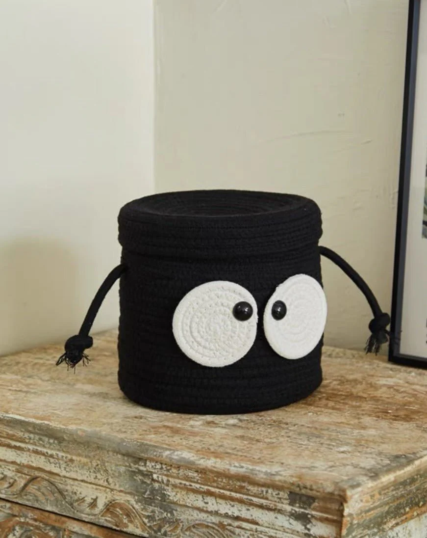 Cute Whimsical Big Eyes Coal Ball Woven Laundry Storage Basket Bag - Image 2