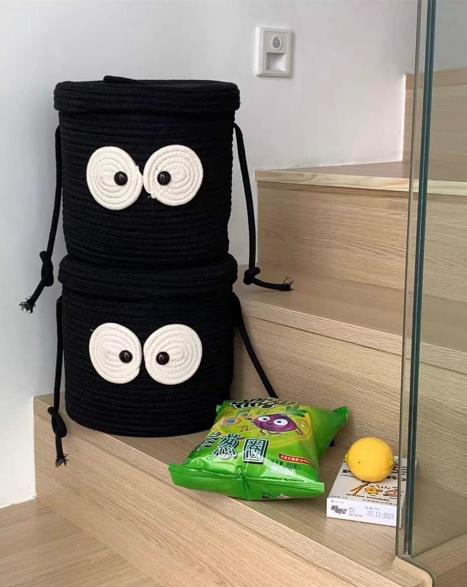 Cute Whimsical Big Eyes Coal Ball Woven Laundry Storage Basket Bag - Image 5