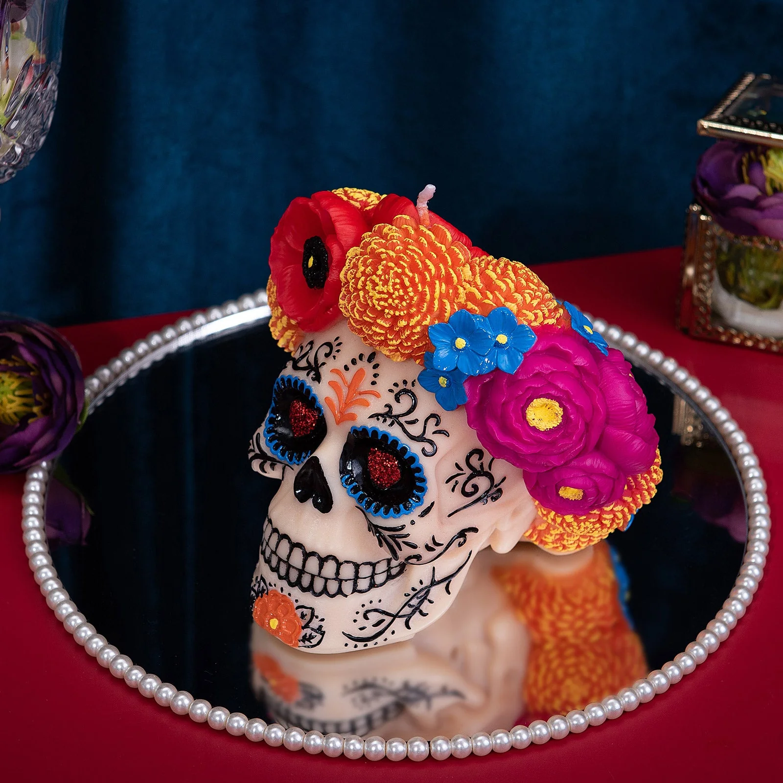 Dia De Los Muertos | Floral Skull Scented Candle for Day of The Dead Mexico | Calavera Skull with Floral Decoration | Home Room Decor Candle - Image 6