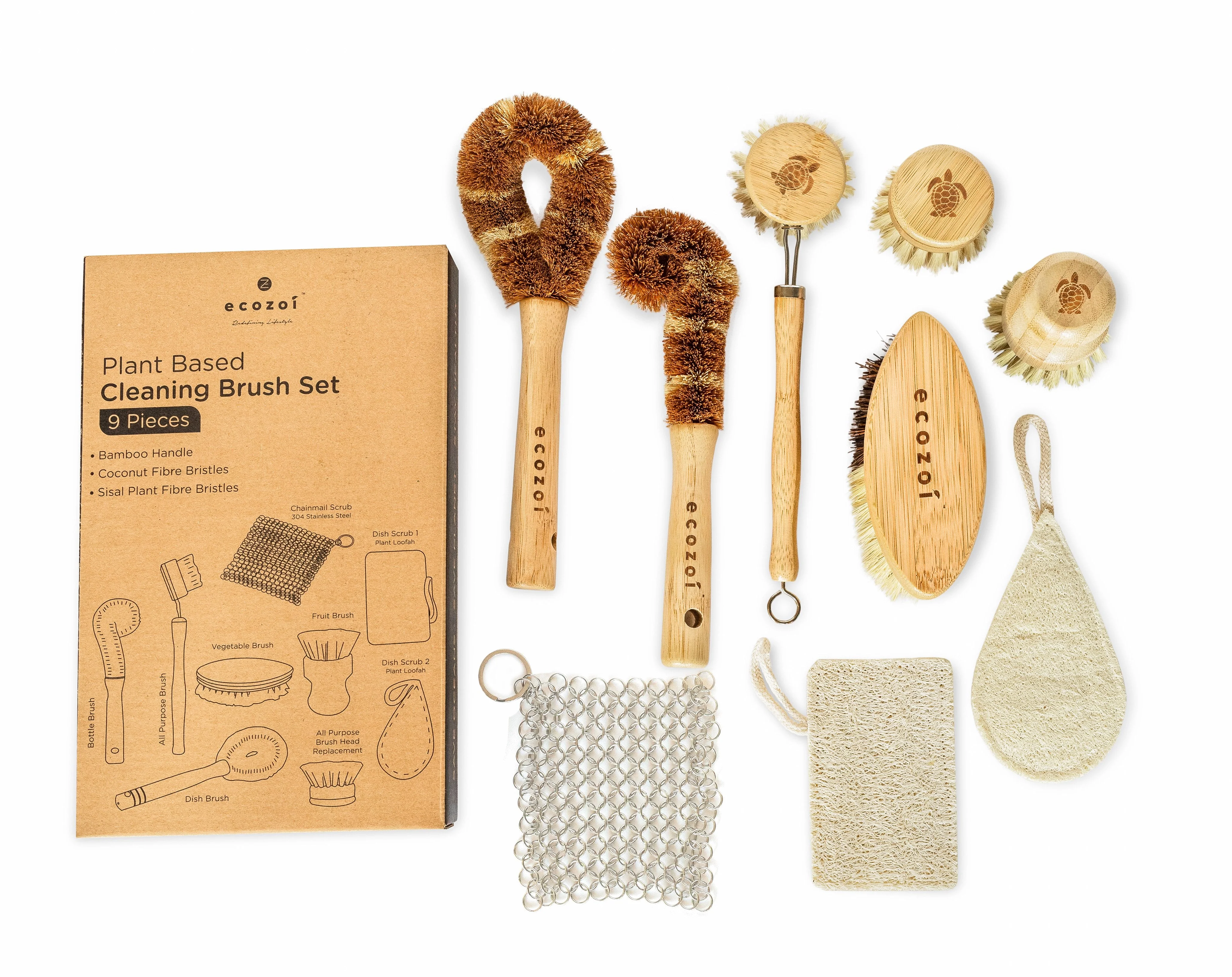 Dish Brush Set, 9 Piece Kitchen Scrub, Zero Waste Brush Set, Plant Based Vegetable Brush Set by ecozoi - Image 7