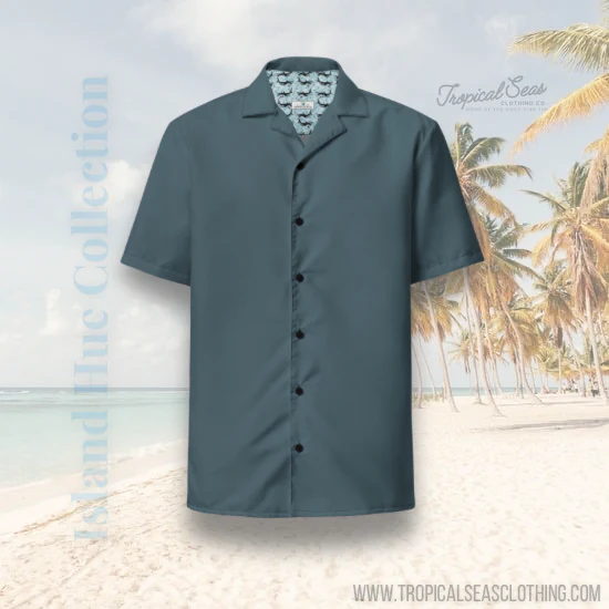 Elegant Stormy Squall Blue Camp Shirt | Recycled Polyester | Solid Button-Down | Gift for Him, Beach Lovers | Removes 2 Pounds Ocean Plastic - Image 2
