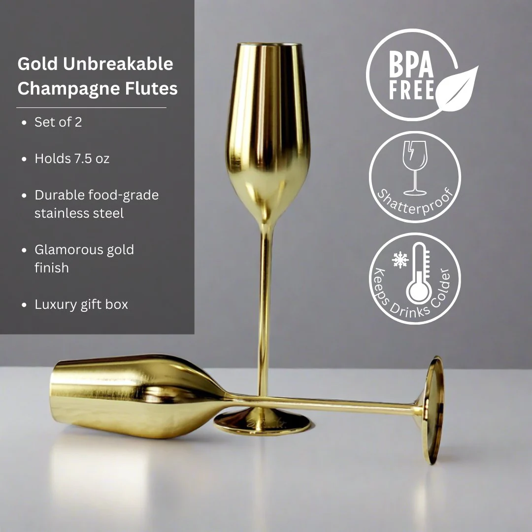 Gold Unbreakable Stainless Steel Champagne Flutes, Set of 2 - Image 4