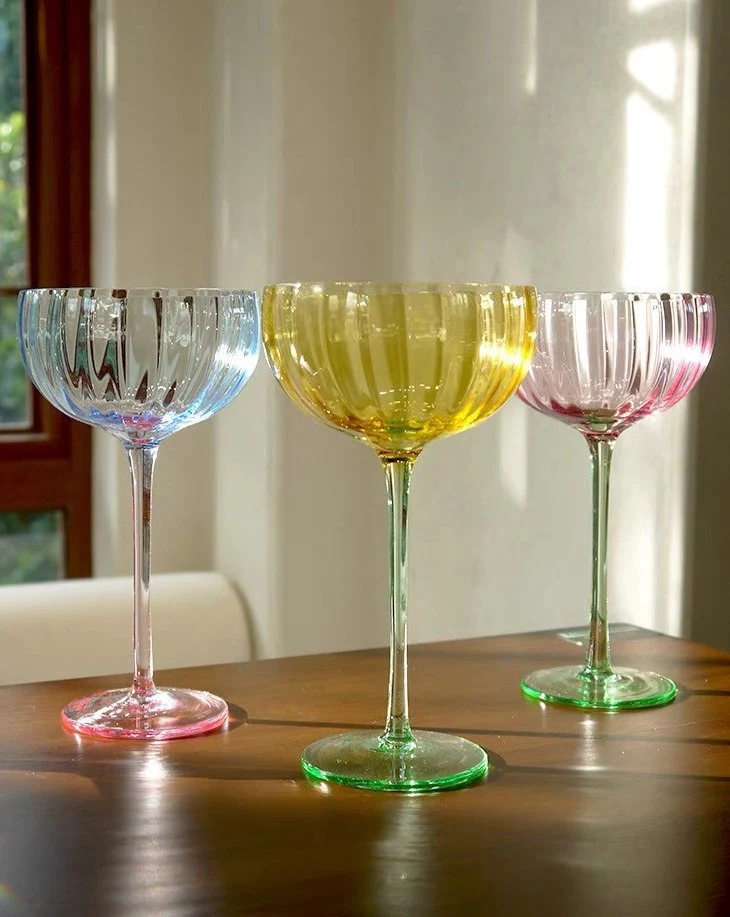 Hand Blown Retro Pastel Coloured Cocktail Glasses Coupe Set of 4 ( $22.5 Each ) - Image 3