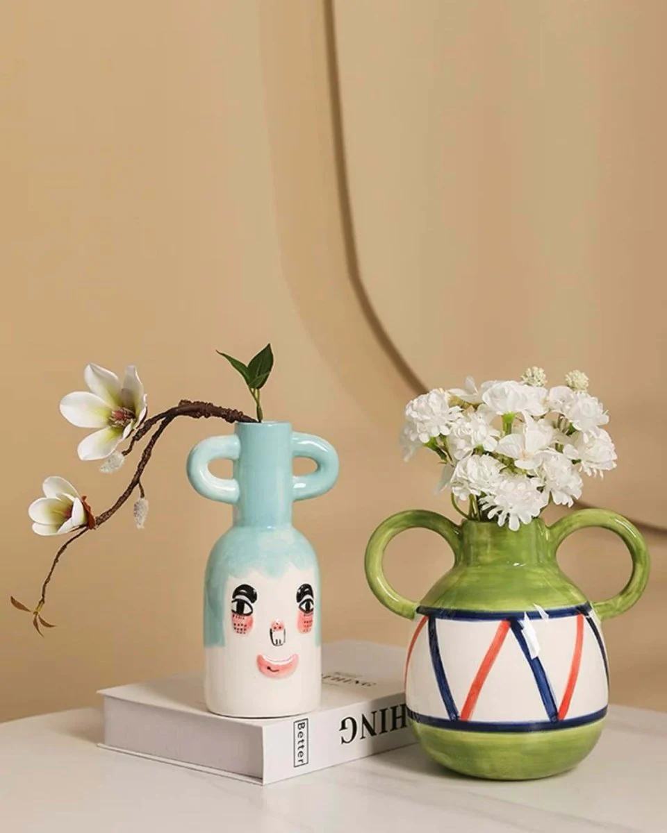Hand-painted Whimsical Quirky Cute Dual-handle Vases - Image 2