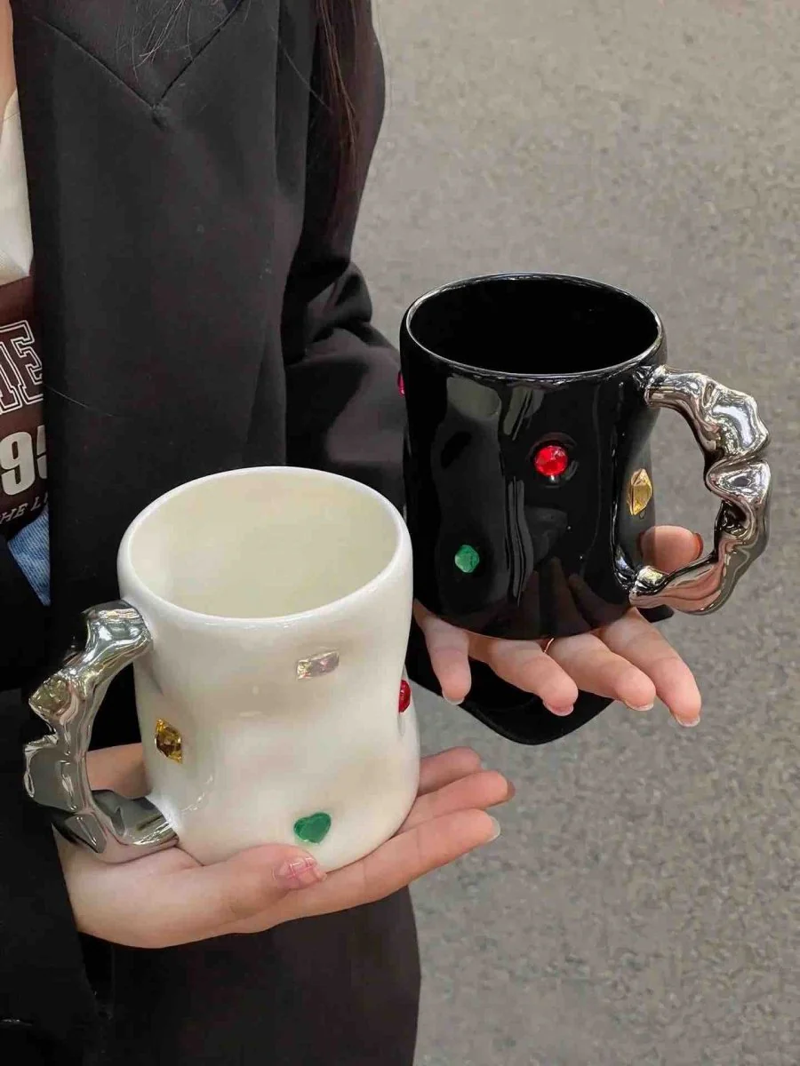 Handmade Ceramic Gemstone Couple Coffee Mugs with Wavy Handle - Image 2