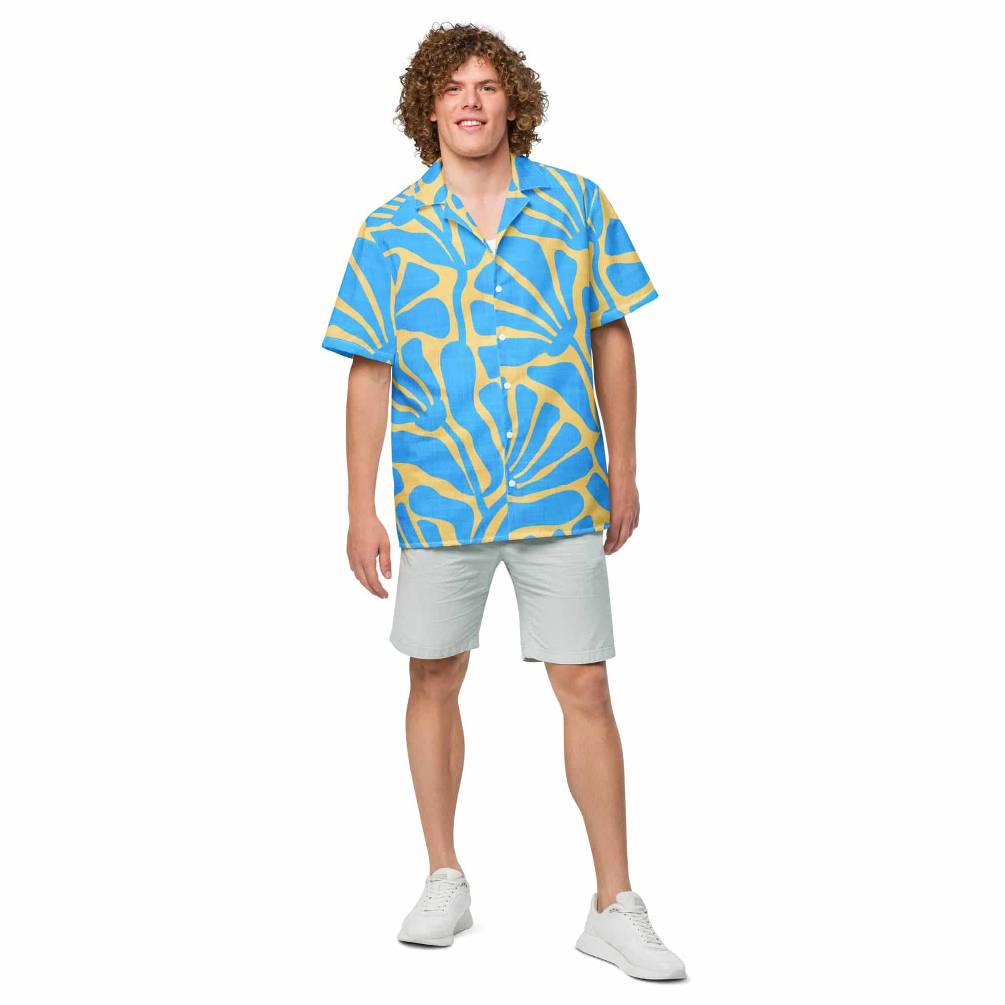 Men's Blue and Gold Ancient Floral Camp Shirt - Image 3