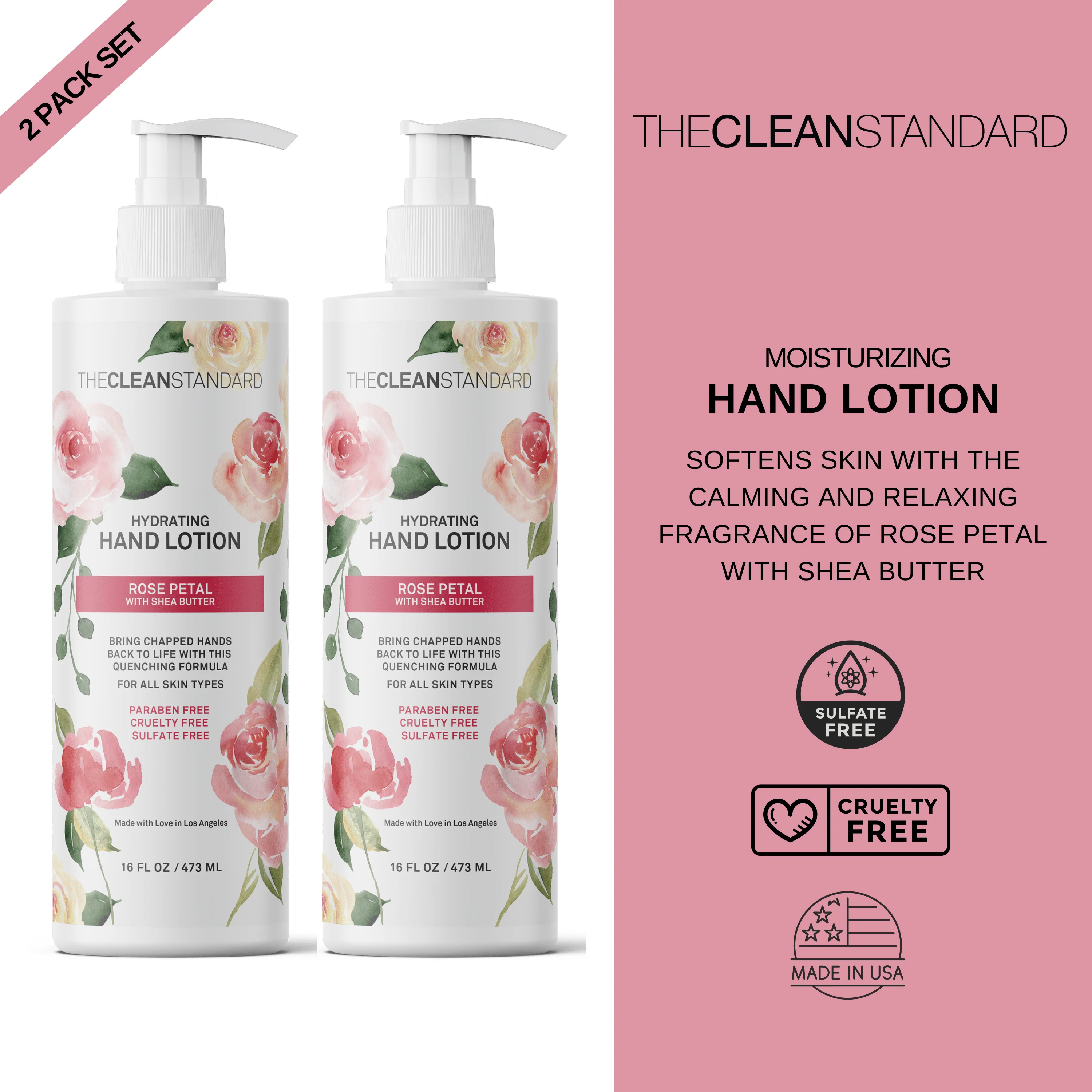 Moisturizing Hand Lotion for Dry Skin and Moisturizer with Shea Butter, Rose Flower Oil | Hydrating Non Greasy Hand Cream for Women and Men by THE CLEAN STANDARD | 2 Bottle Set x 16 fl oz with Lotion Pump by  Los Angeles Brands - Image 2