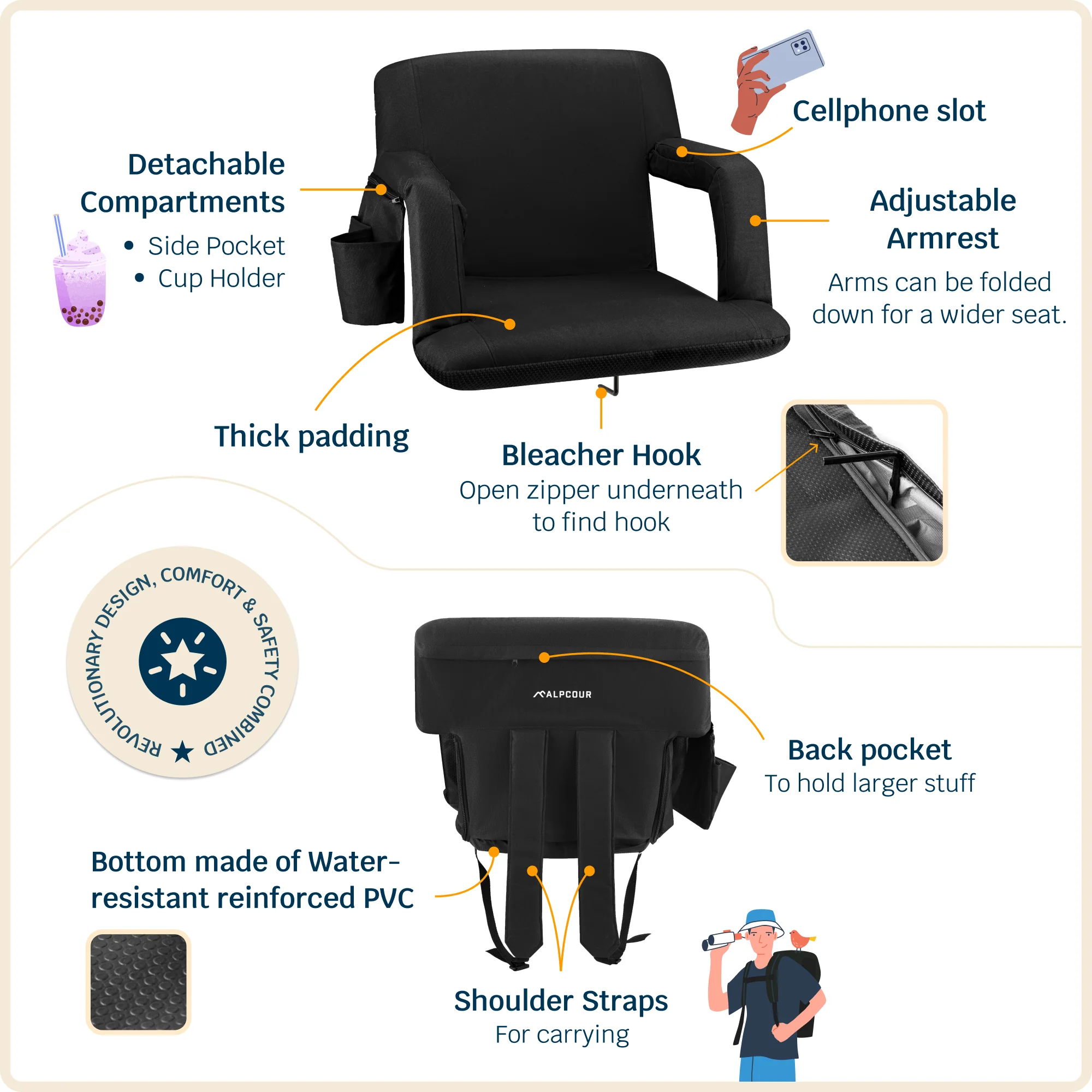Reclining Stadium Seat with Armrests and Side Pockets - Image 3