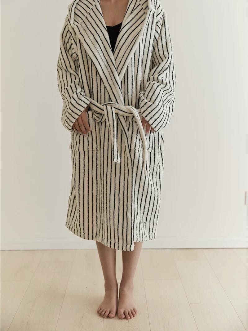 Retro 100% ORGANIC Long-stapled Cotton Hooded Stripe Bath Robe - Image 2