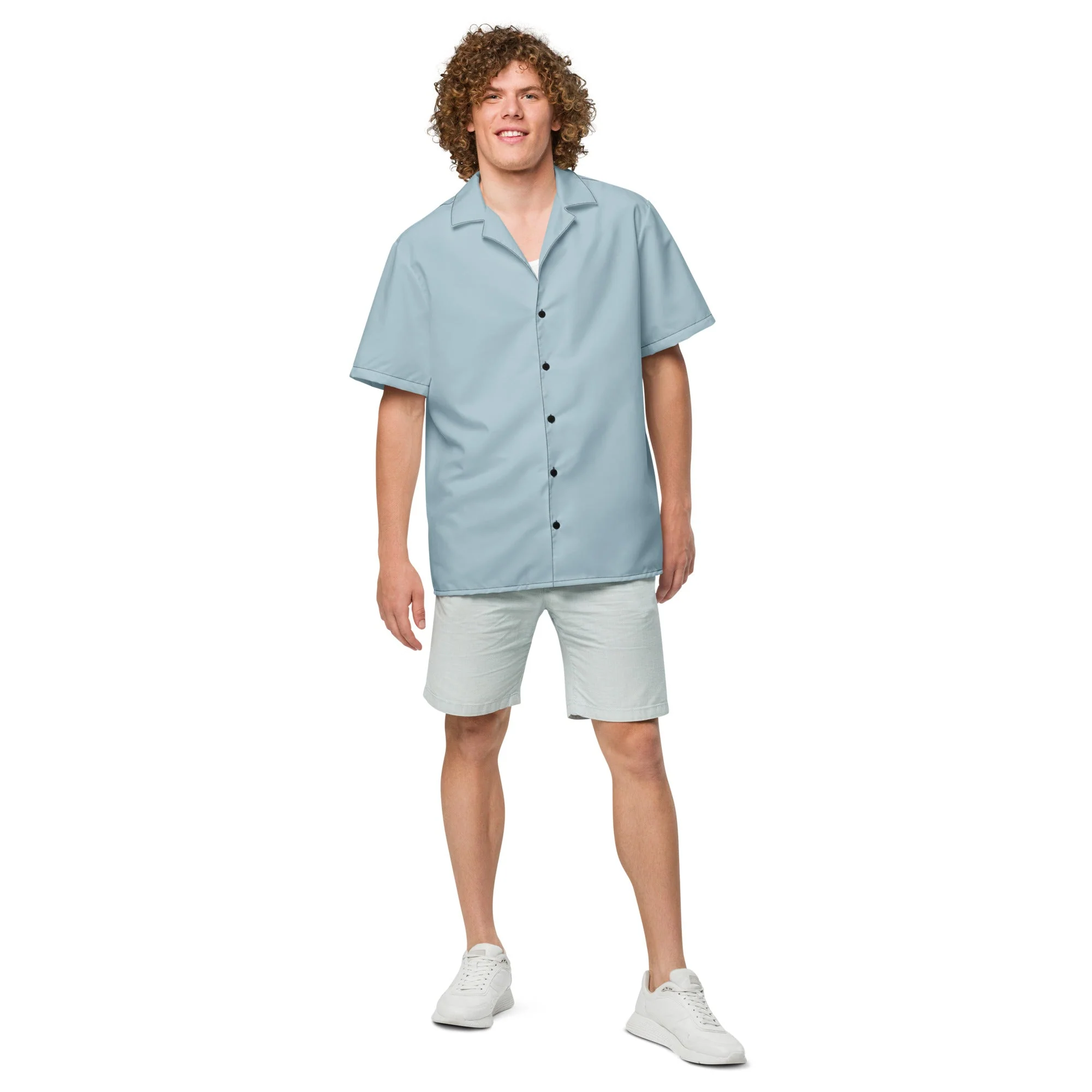 Stylish Recycled Polyester Camp Shirt | Solid Shark Skin Blue | Gift for Him | Removes 2 Pounds of Ocean Plastic - Image 3
