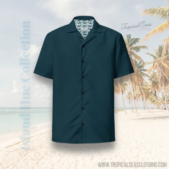 Stylish Solid Dark Seas Blue Camp Shirt - Recycled Polyester, Pulls 2 Pounds of Ocean Plastic, Ideal for Men, Travelers, Beach Lovers - Image 2