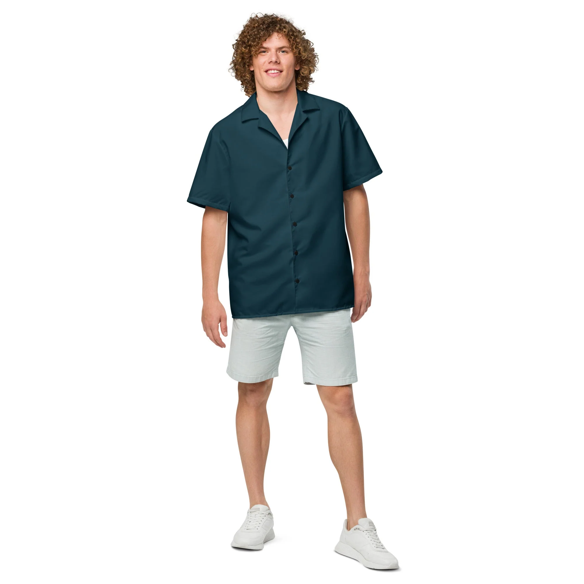 Stylish Solid Dark Seas Blue Camp Shirt - Recycled Polyester, Pulls 2 Pounds of Ocean Plastic, Ideal for Men, Travelers, Beach Lovers - Image 3