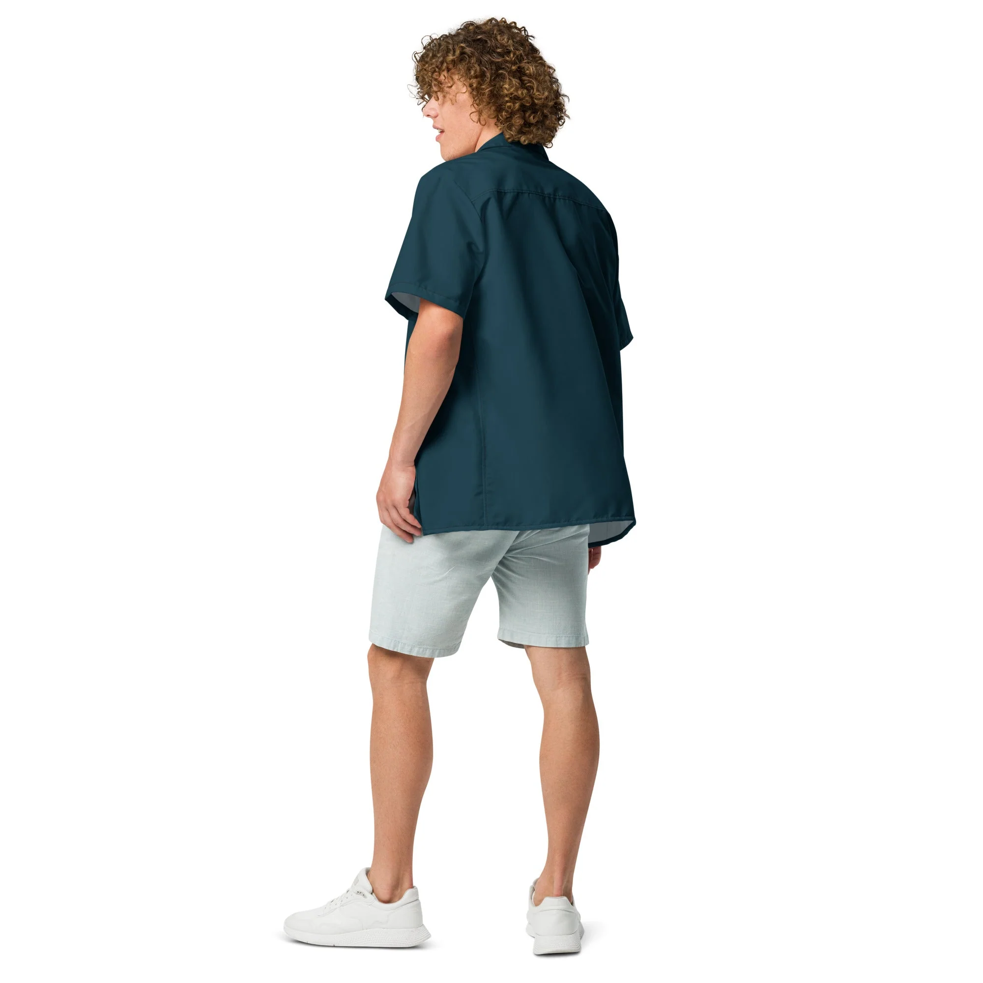 Stylish Solid Dark Seas Blue Camp Shirt - Recycled Polyester, Pulls 2 Pounds of Ocean Plastic, Ideal for Men, Travelers, Beach Lovers - Image 4